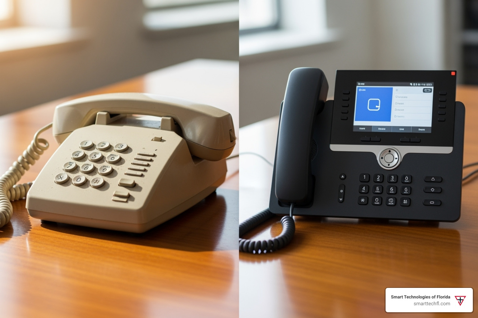 side-by-side comparison of a clunky old landline phone and a sleek modern IP phone - business voice over ip providers side-by-side comparison of a clunky old landline phone and a sleek modern IP phone - business voice over ip providers