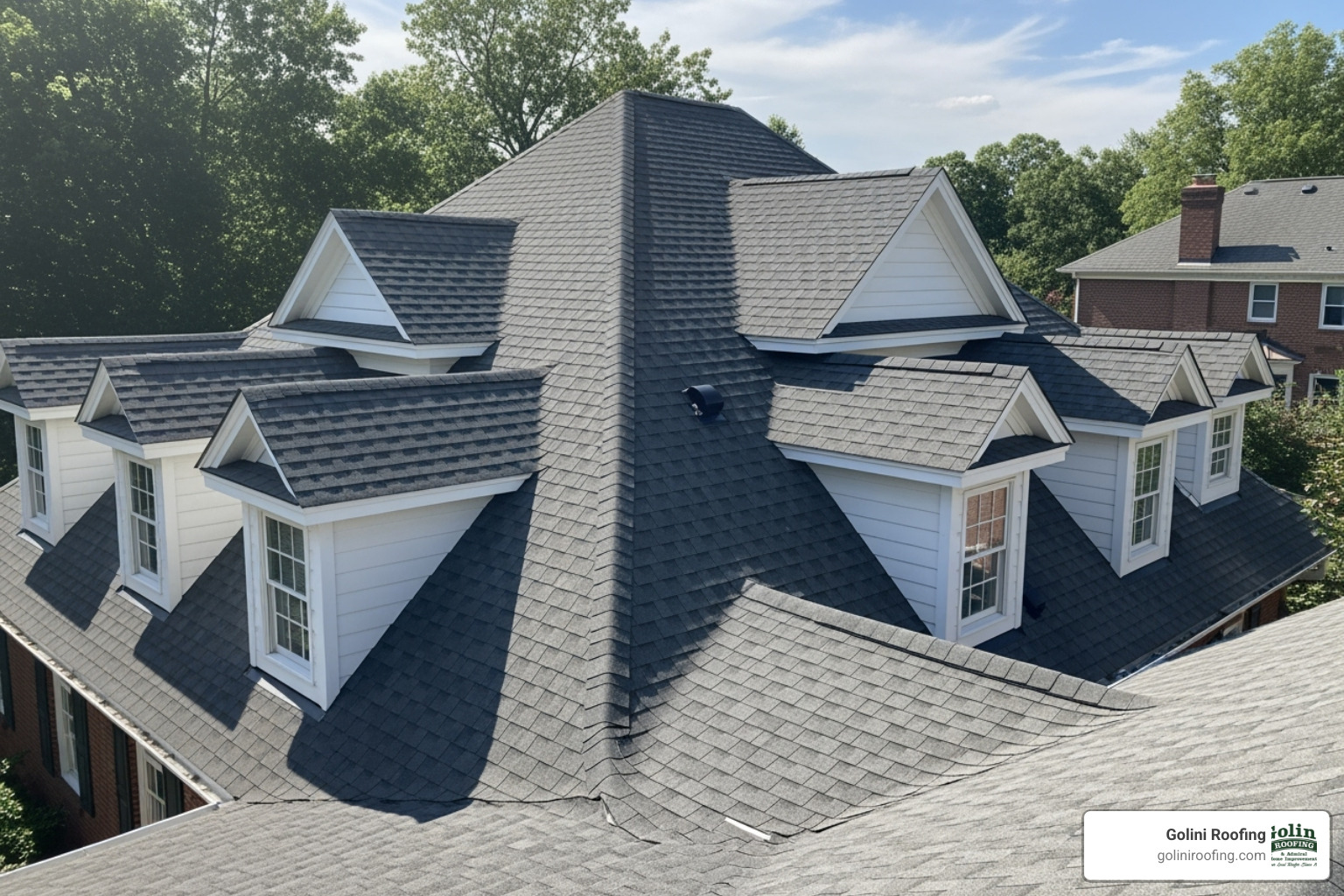 A complex roof with multiple valleys and dormers, illustrating a high-difficulty installation - average cost seamless gutters A complex roof with multiple valleys and dormers, illustrating a high-difficulty installation - average cost seamless gutters