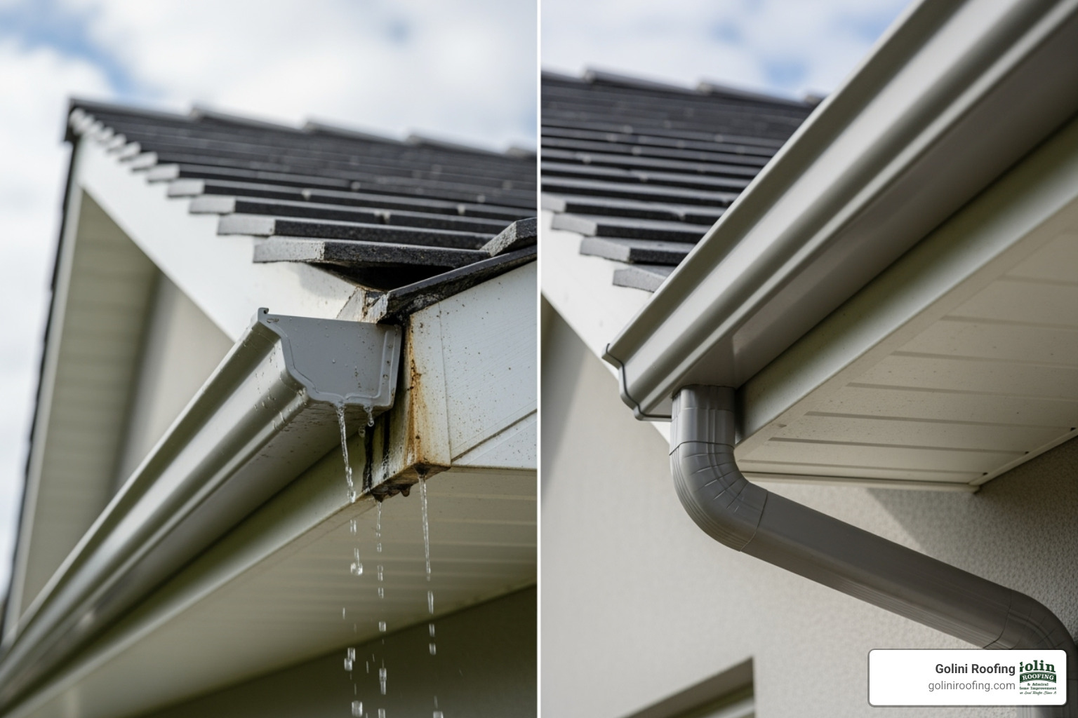A leaking sectional gutter joint next to a smooth, continuous seamless gutter - average cost seamless gutters A leaking sectional gutter joint next to a smooth, continuous seamless gutter - average cost seamless gutters