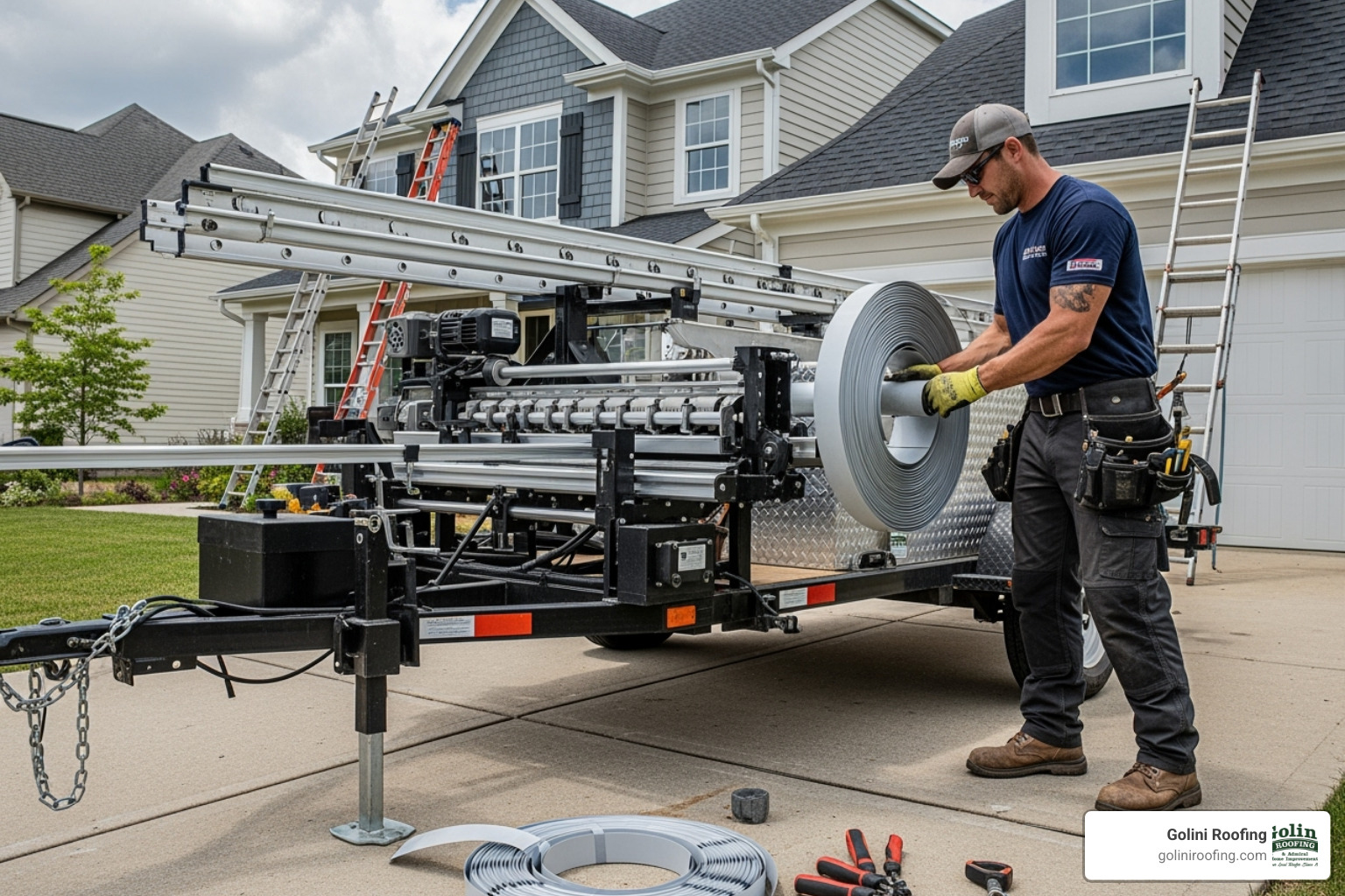 A professional installer operating a seamless gutter machine on-site - average cost seamless gutters A professional installer operating a seamless gutter machine on-site - average cost seamless gutters