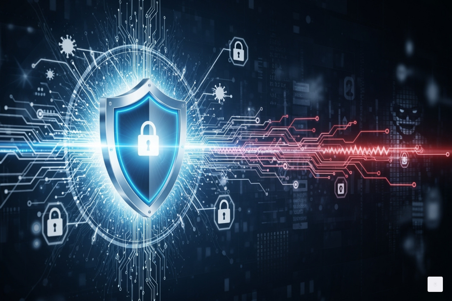 A graphic illustrating a shield icon representing user safety and privacy, surrounded by various overlapping and conflicting elements like digital content, online interactions, and potential threats, emphasizing the complexity of protecting users in online environments. - simpcity