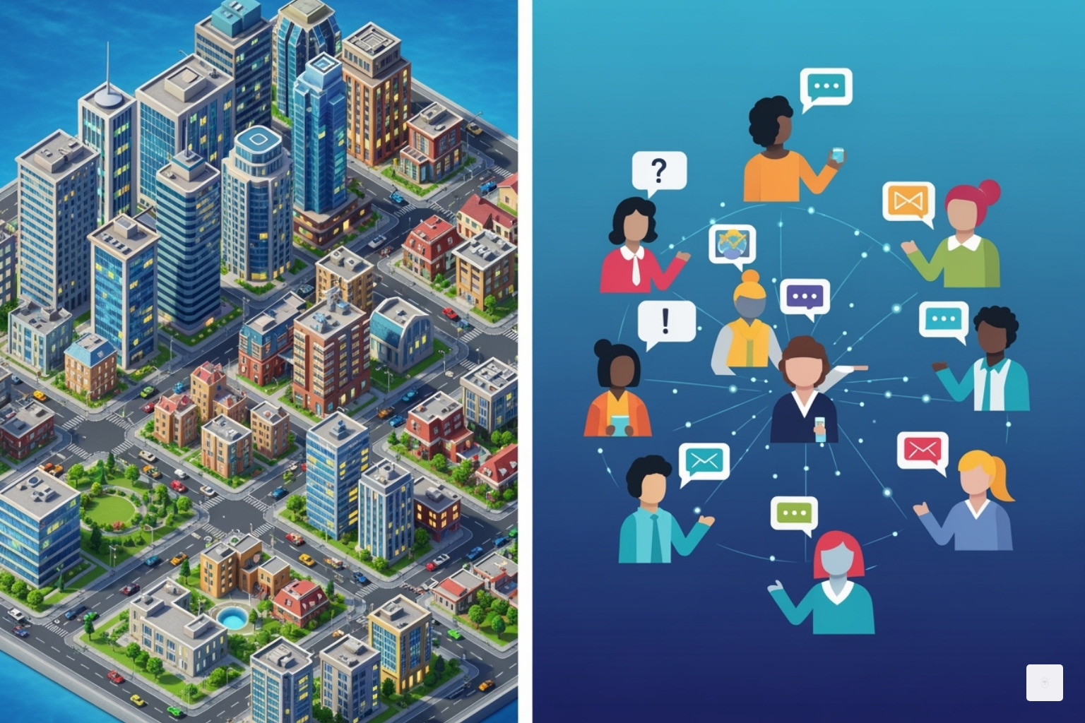 A split image showing a busy virtual city from a SimCity game on one side and a stylized representation of a diverse online community engaging in discussions on the other, with a clear dividing line to denote their distinct nature. - simpcity