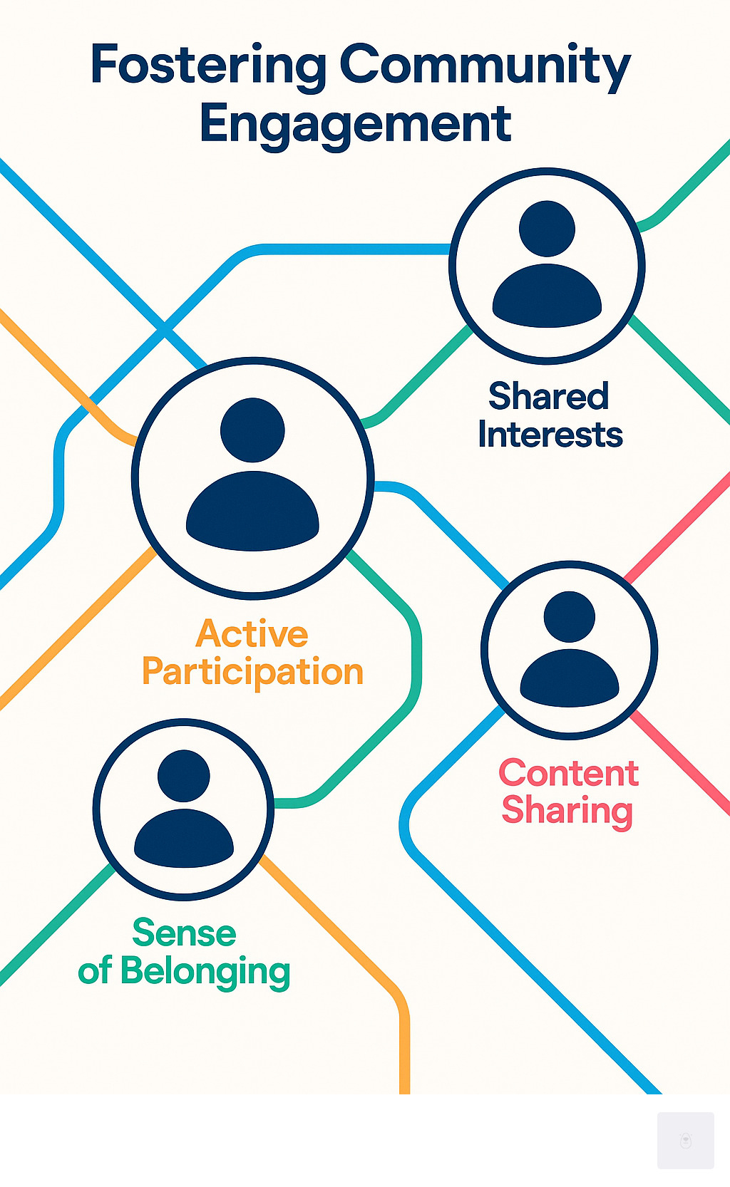 An abstract infographic showing interconnected nodes representing users, with lines of communication flowing between them, highlighting concepts like "shared interests," "active participation," "sense of belonging," and "content sharing" within a digital network. - simpcity infographic 