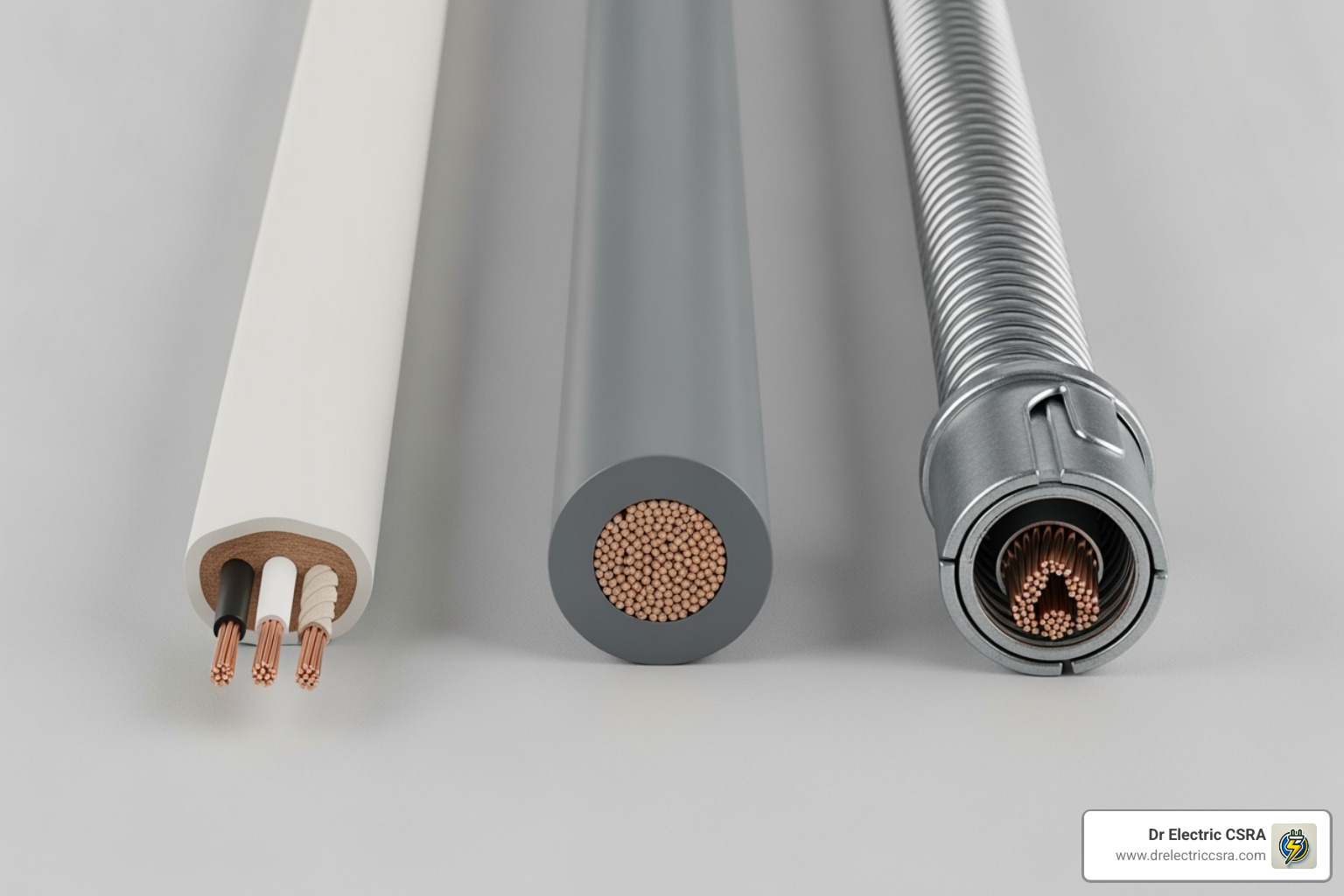 various electrical wires like NM-B, UF, and Armored Cable, with labels - residential electrical installation