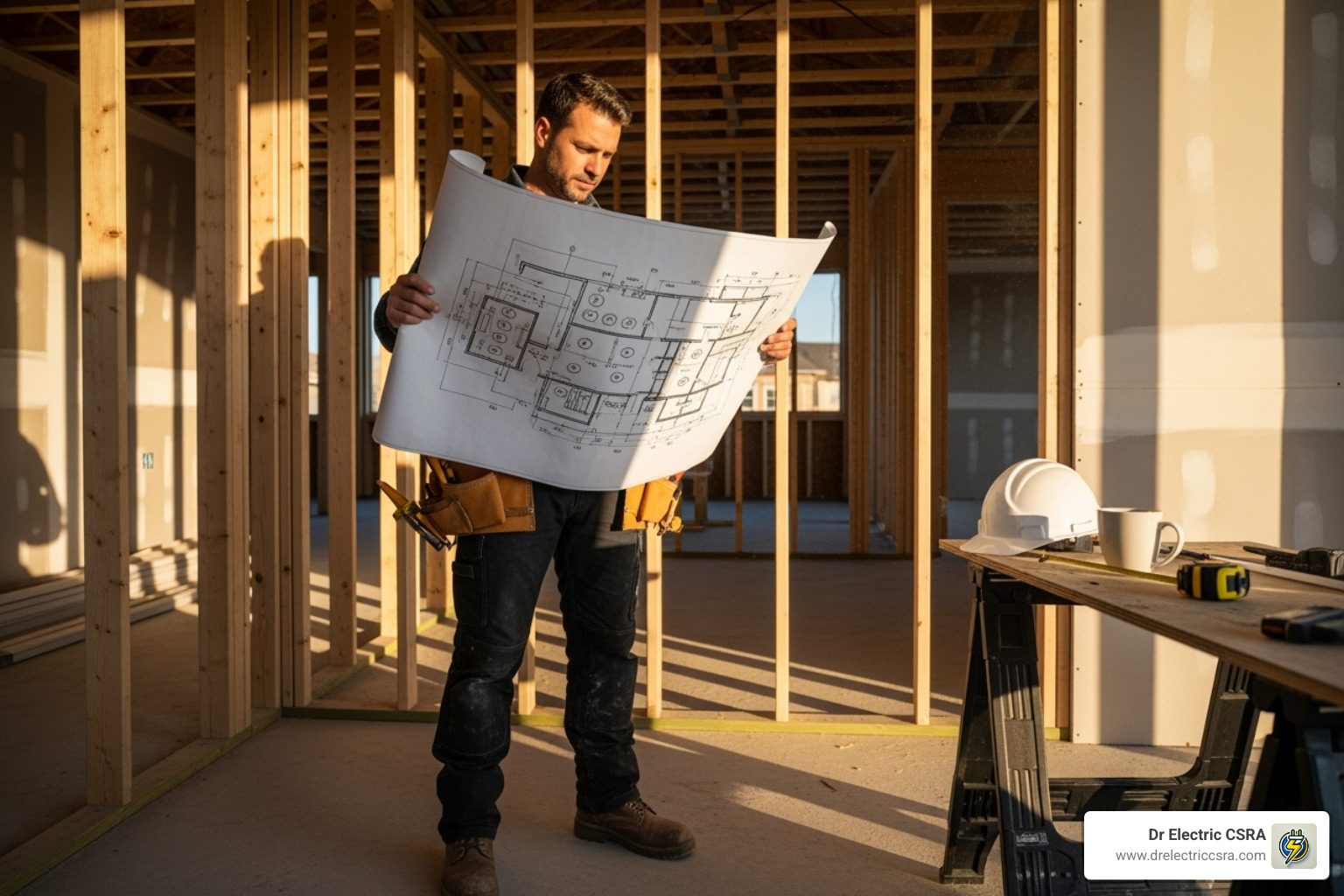 electrician reviewing blueprints for an electrical layout - residential electrical installation