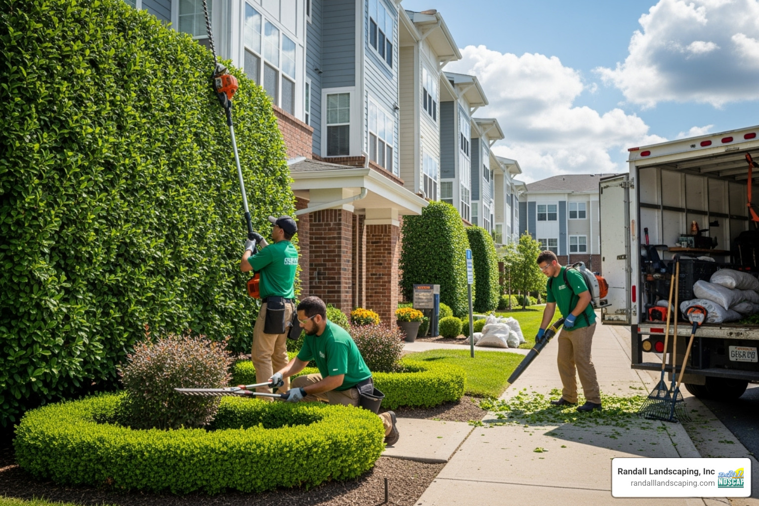 professional landscaping crew trimming hedges - apartment landscaping services professional landscaping crew trimming hedges - apartment landscaping services