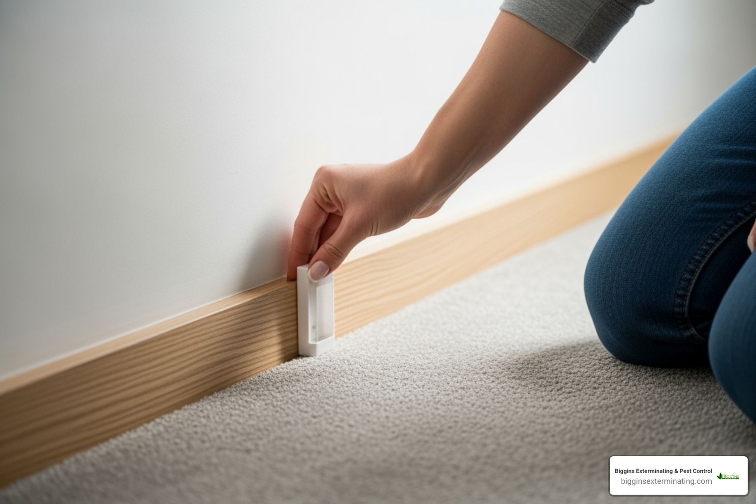 person placing an ant bait station along a baseboard - effective ant control