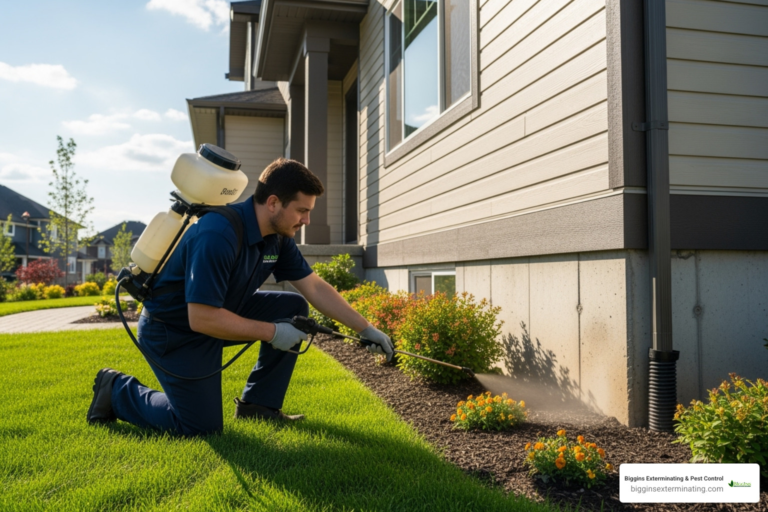 professional pest control technician treating the exterior of a home - effective ant control