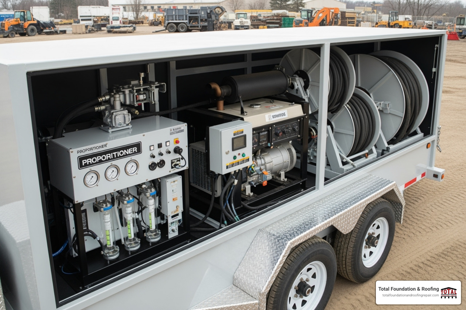 Fully equipped concrete lifting trailer showing the proportioner, generator, and hose reels - concrete slab lifting equipment Fully equipped concrete lifting trailer showing the proportioner, generator, and hose reels - concrete slab lifting equipment