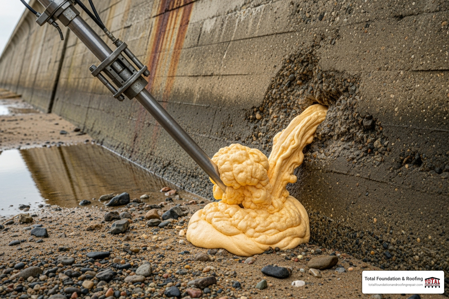 Foam being injected to stabilize soil around a seawall - concrete slab lifting equipment Foam being injected to stabilize soil around a seawall - concrete slab lifting equipment