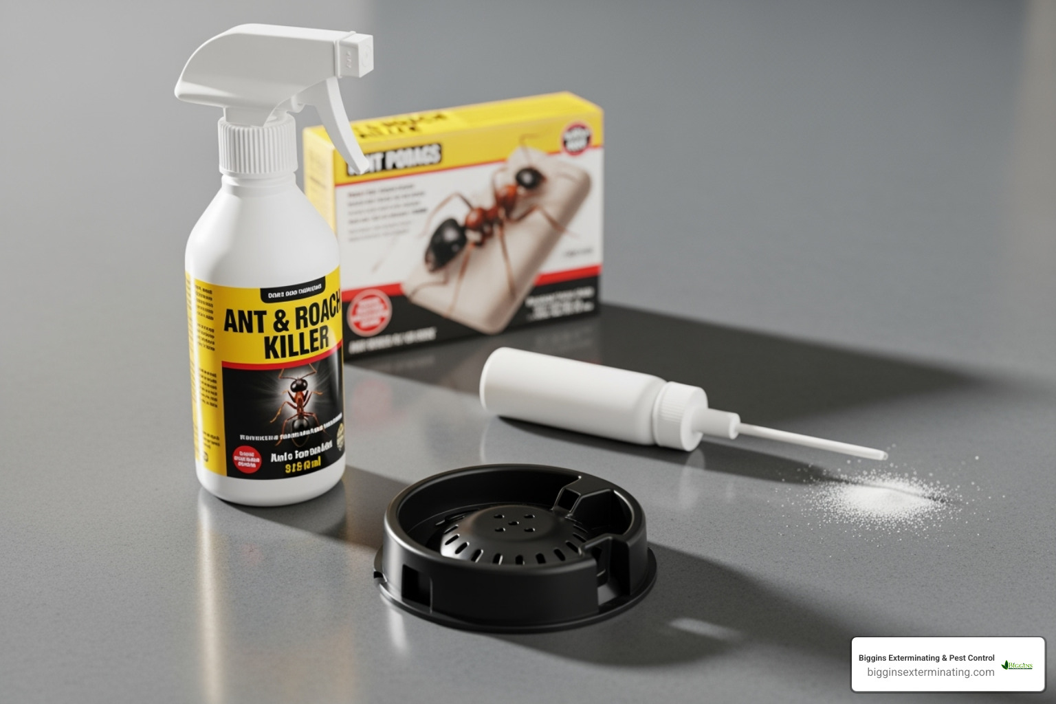 various ant control product types (bait station, spray bottle, powder duster) - effective ant control