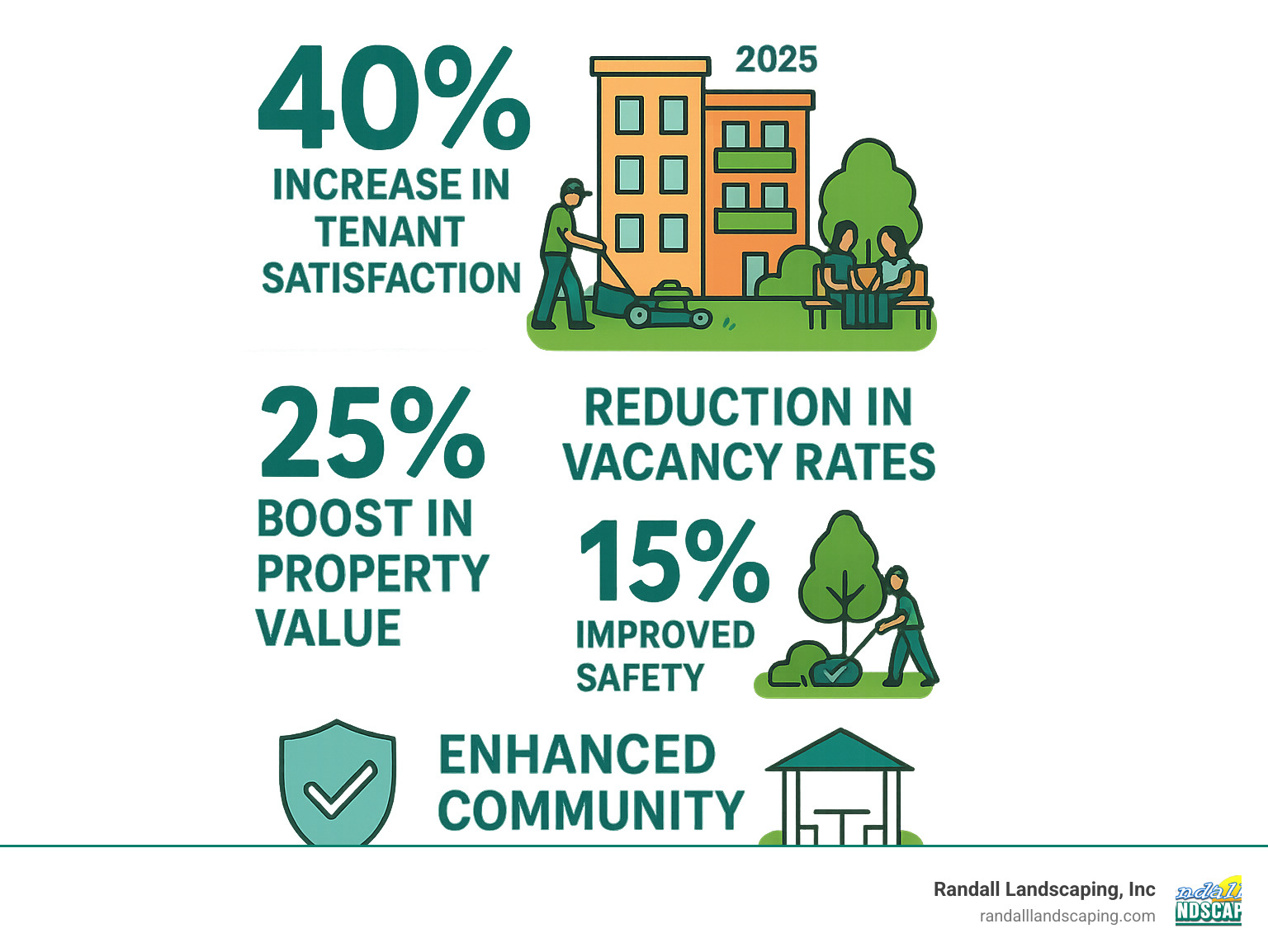 Infographic showing apartment landscaping benefits: 40% increase in tenant satisfaction, 25% reduction in vacancy rates, 15% boost in property value, improved safety through proper maintenance, and improved community spaces for resident interaction - apartment landscaping services infographic Infographic showing apartment landscaping benefits: 40% increase in tenant satisfaction, 25% reduction in vacancy rates, 15% boost in property value, improved safety through proper maintenance, and improved community spaces for resident interaction - apartment landscaping services infographic