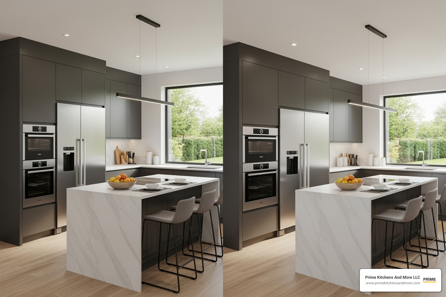 3D kitchen design rendering next to finished kitchen - kitchen remodeling services