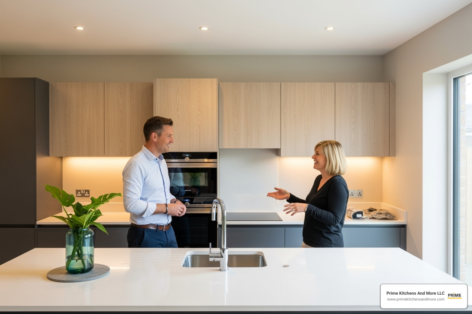 Project manager talking with happy client in nearly finished kitchen - kitchen remodeling services