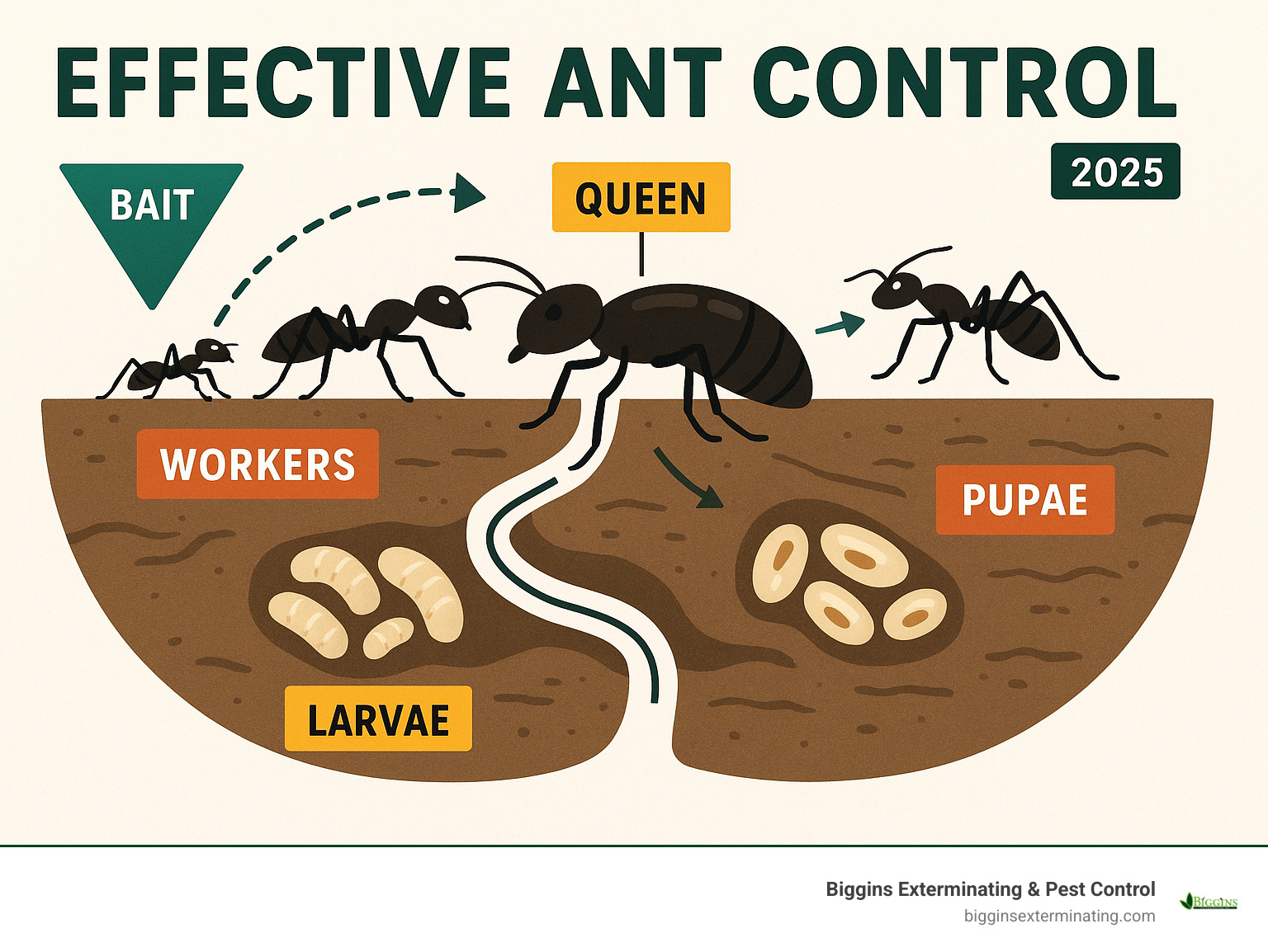 Infographic showing ant colony structure with queen at center, surrounded by workers, larvae, and pupae, with arrows indicating how bait travels from foraging workers back to eliminate the entire colony including the queen - effective ant control infographic 