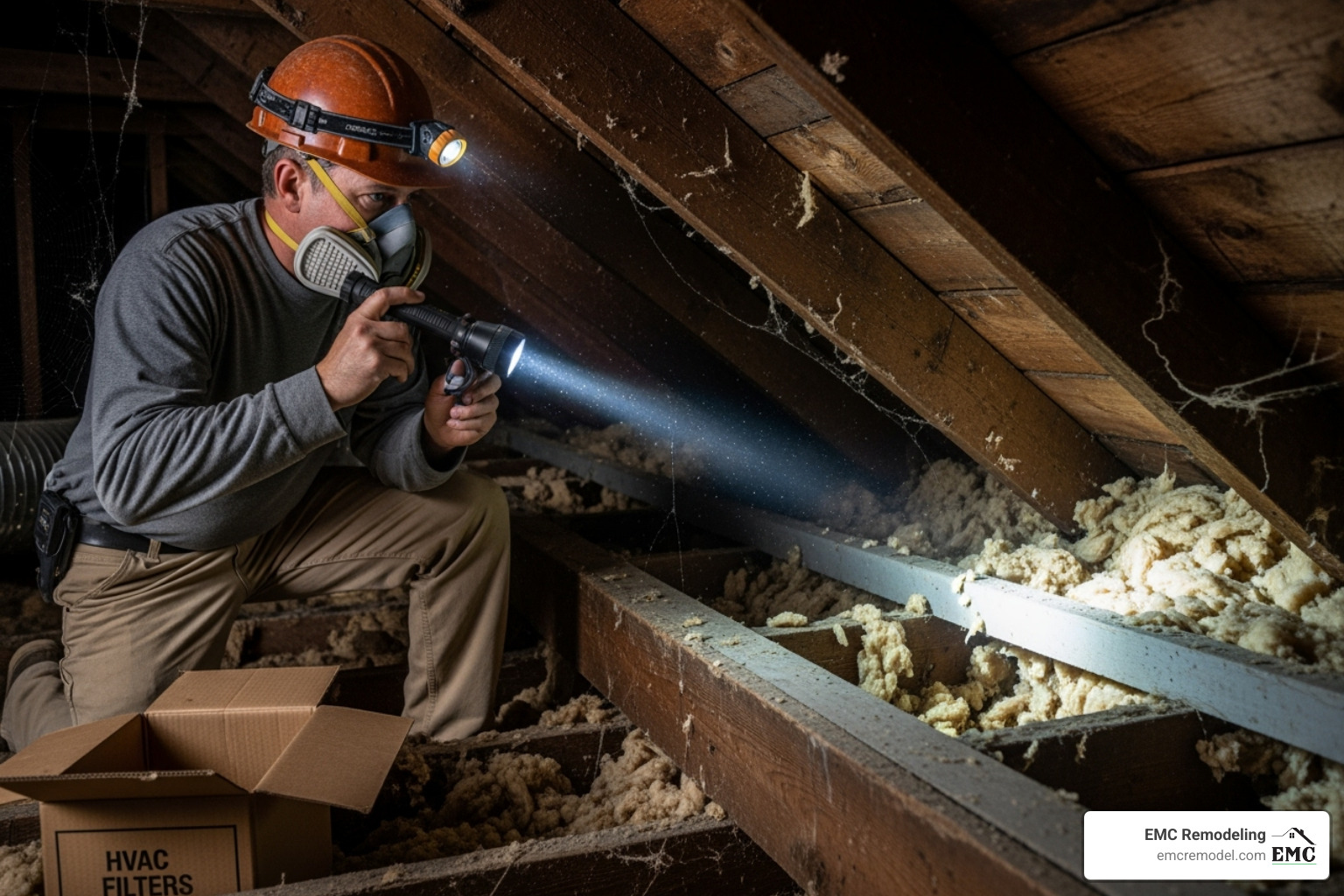 inspector in attic pointing flashlight - roof and attic inspection
