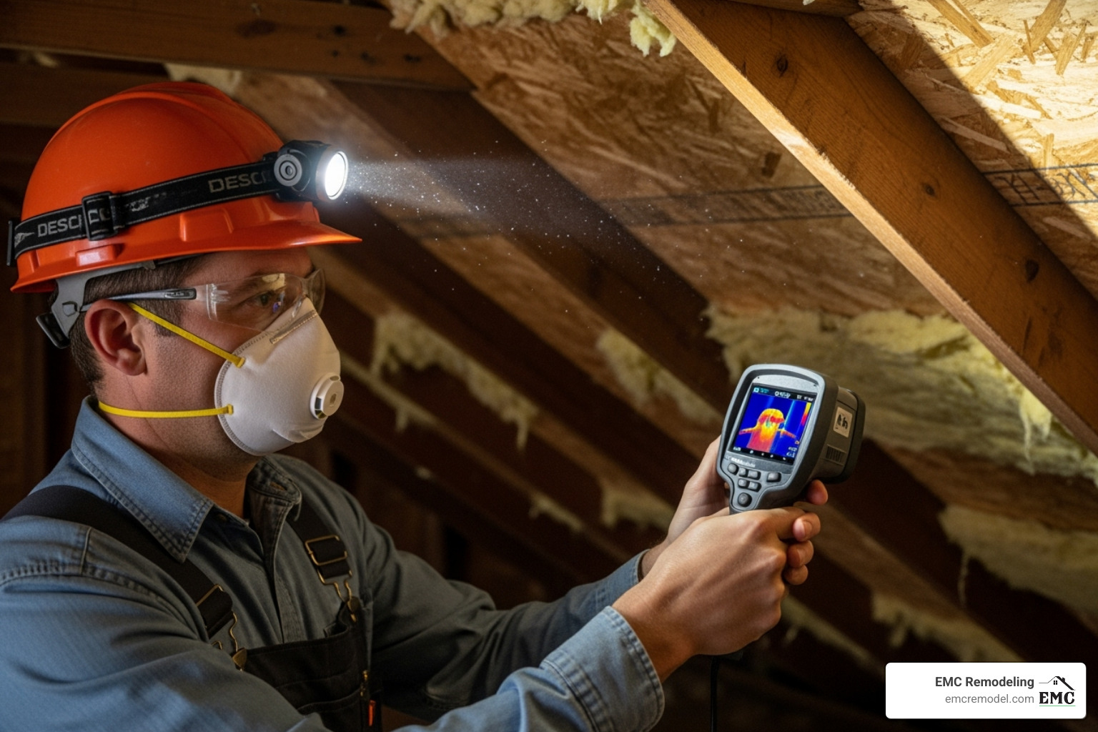 professional inspector with thermal camera - roof and attic inspection