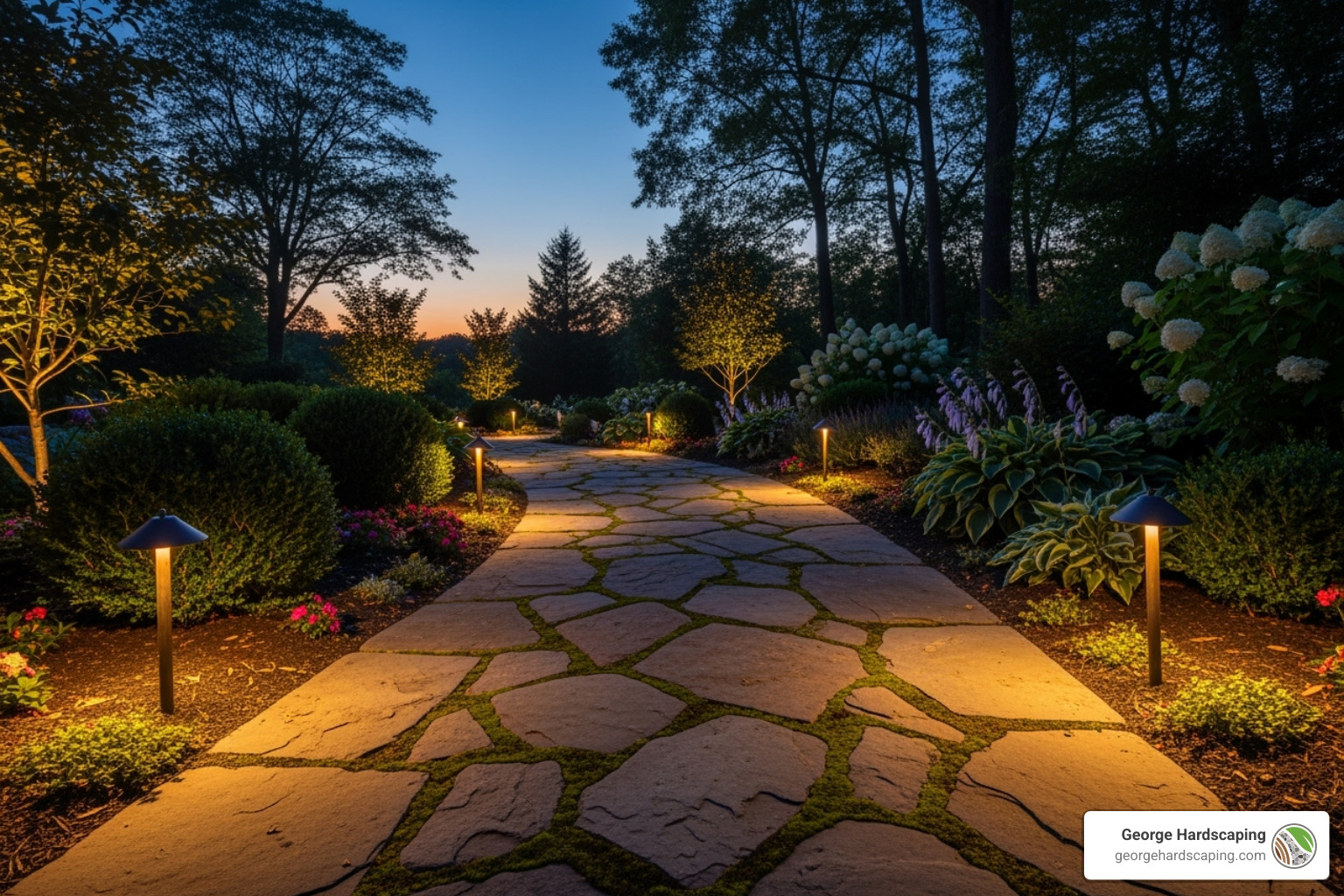 finished flagstone walkway at dusk with low-voltage landscape lighting along the edges - best way to lay flagstone walkway finished flagstone walkway at dusk with low-voltage landscape lighting along the edges - best way to lay flagstone walkway