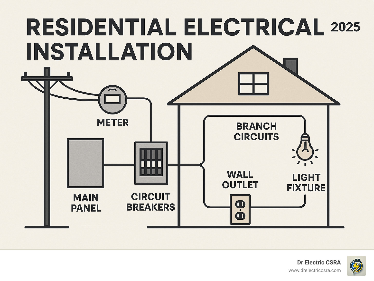 Infographic showing the complete path of electricity from utility pole through meter, main panel, circuit breakers, branch circuits, and finally to wall outlets and light fixtures in a home - residential electrical installation infographic 