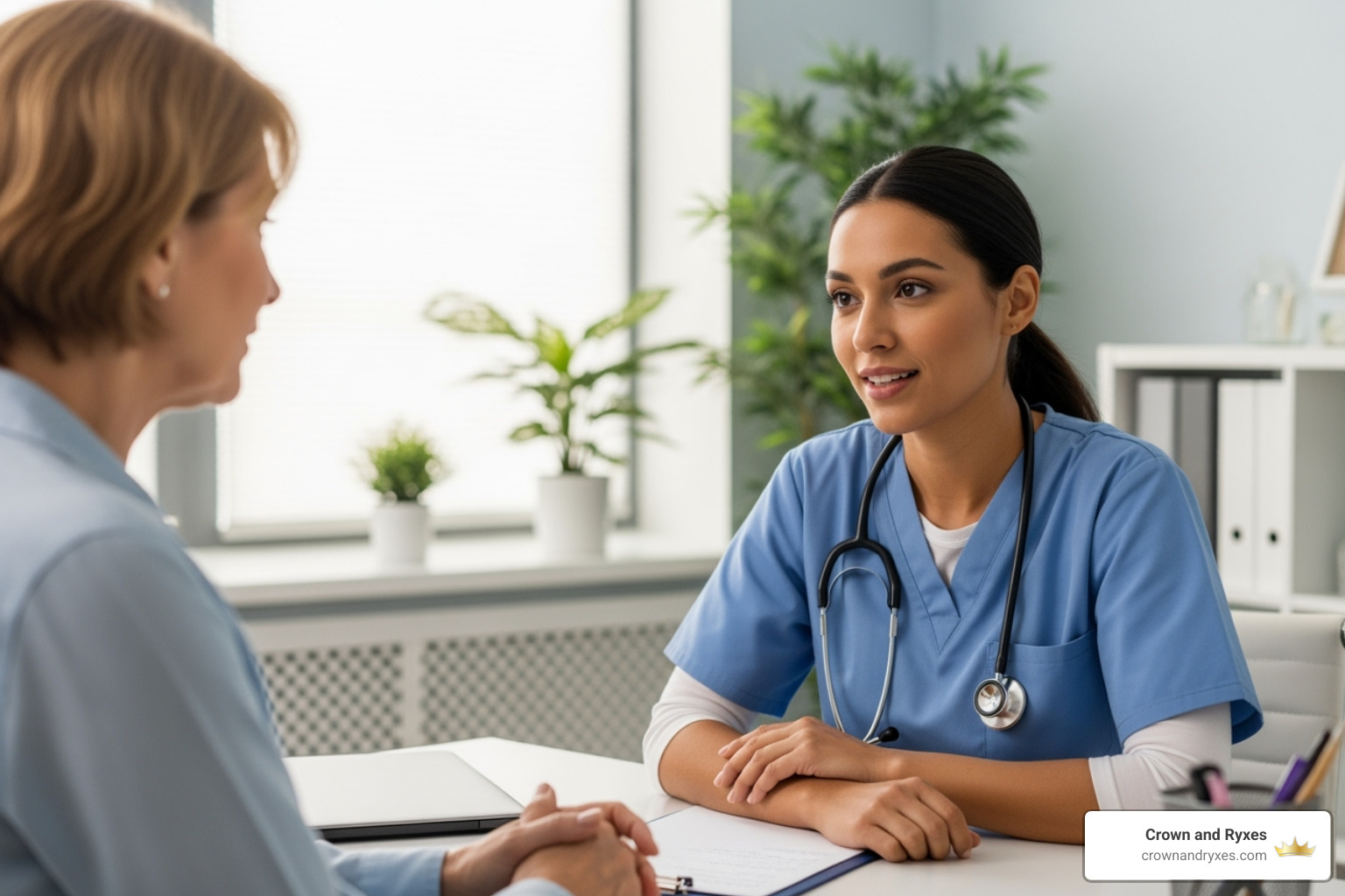 a compassionate healthcare provider consulting with a female patient in a modern clinic