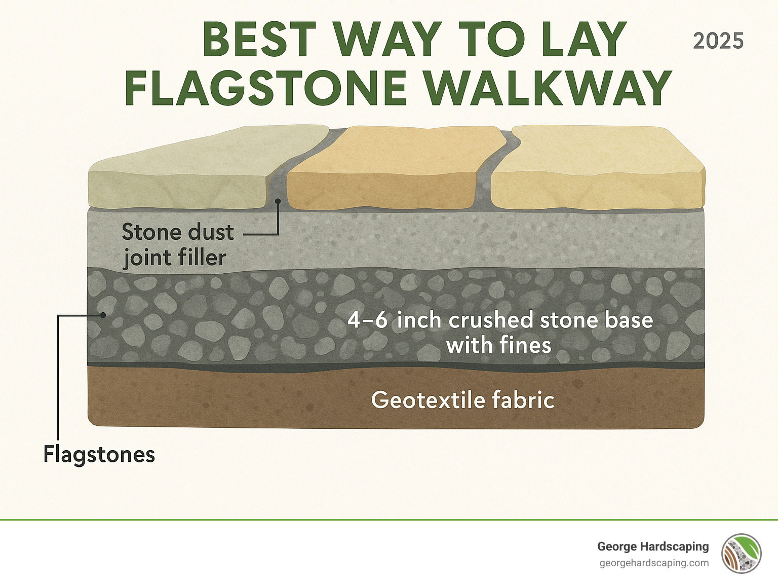 Infographic showing cross-section of flagstone walkway construction with labeled layers: subgrade soil at bottom, geotextile fabric layer, 4-6 inch crushed stone base with fines, 1-inch stone dust setting bed, flagstones on top, and stone dust joint filler between stones - best way to lay flagstone walkway infographic Infographic showing cross-section of flagstone walkway construction with labeled layers: subgrade soil at bottom, geotextile fabric layer, 4-6 inch crushed stone base with fines, 1-inch stone dust setting bed, flagstones on top, and stone dust joint filler between stones - best way to lay flagstone walkway infographic