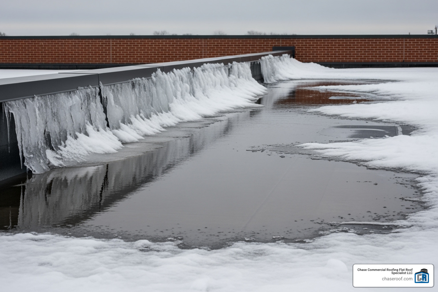 severe ice dam on the edge of a flat roof - Roof leak repair Passaic