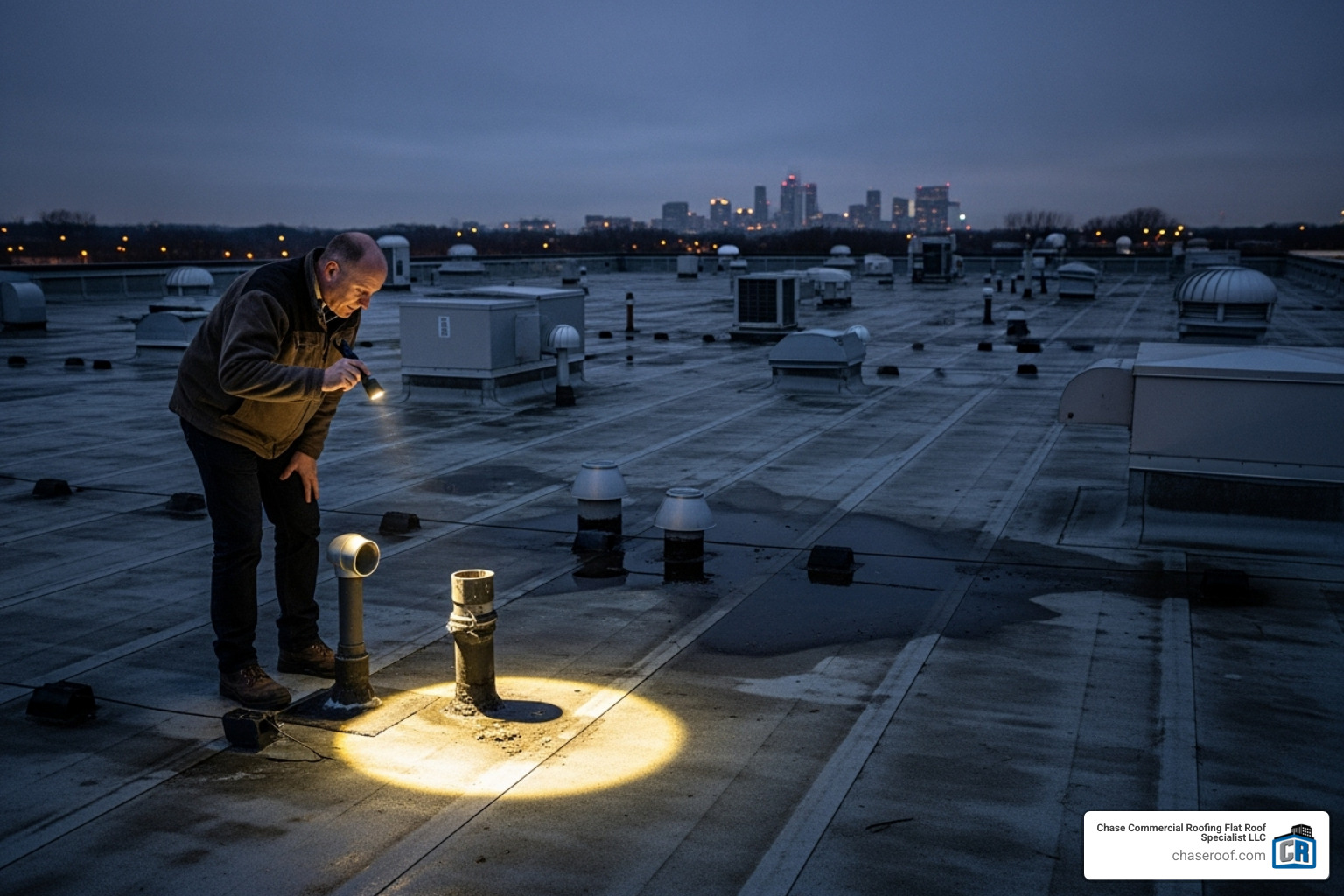 property manager inspecting commercial roof with a flashlight - Roof leak repair Passaic