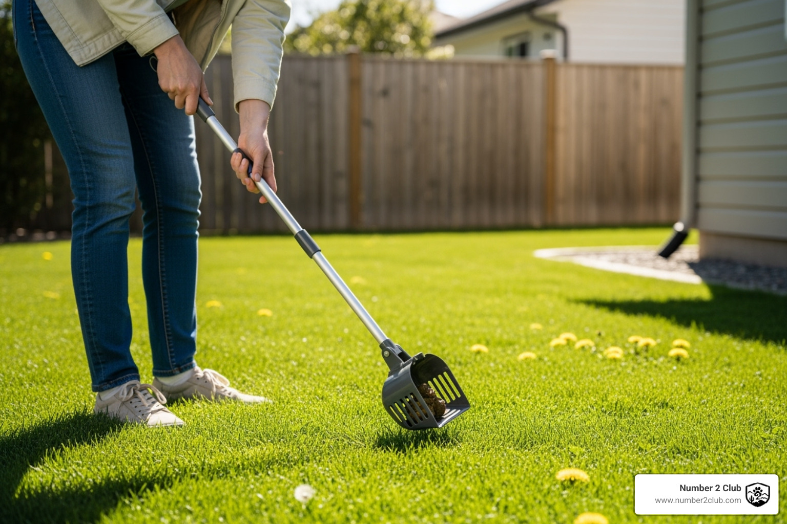 person using a long-handled claw-style pooper scooper - pick up dog poop