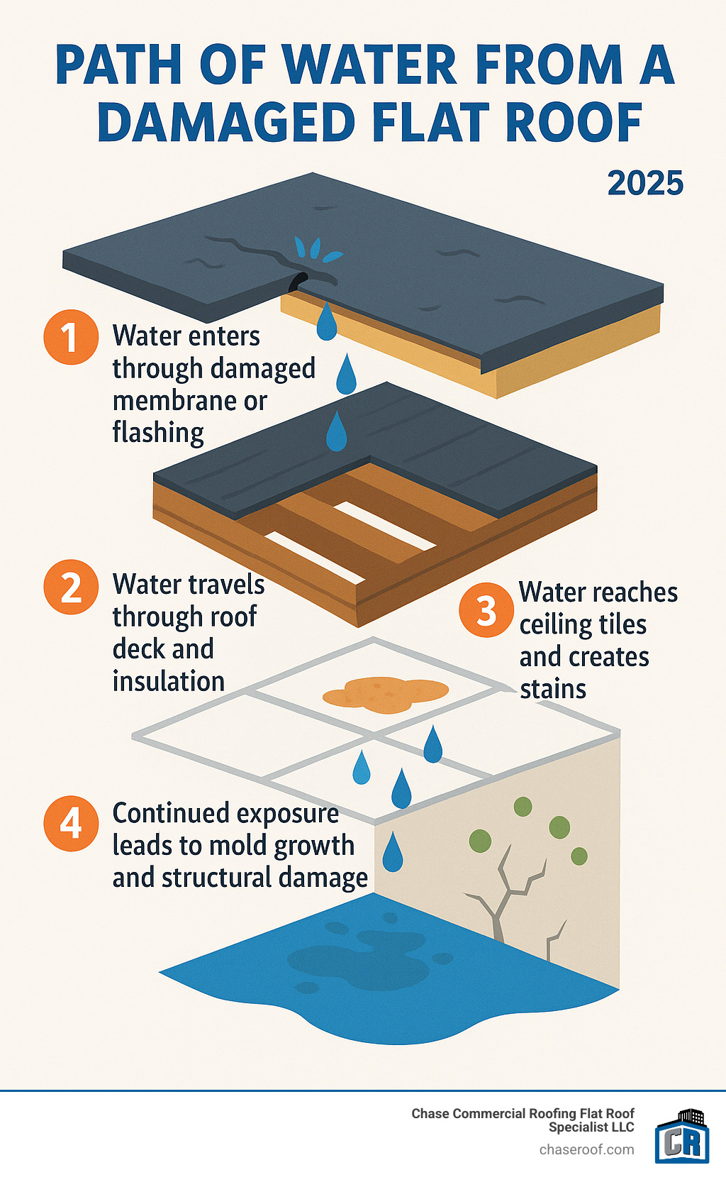 Infographic showing the path of water from a damaged flat roof membrane through the building structure, illustrating how a small roof puncture leads to interior water damage, with steps showing: 1) Water enters through damaged membrane or flashing, 2) Water travels through roof deck and insulation, 3) Water reaches ceiling tiles and creates stains, 4) Continued exposure leads to mold growth and structural damage - Roof leak repair Passaic infographic 
