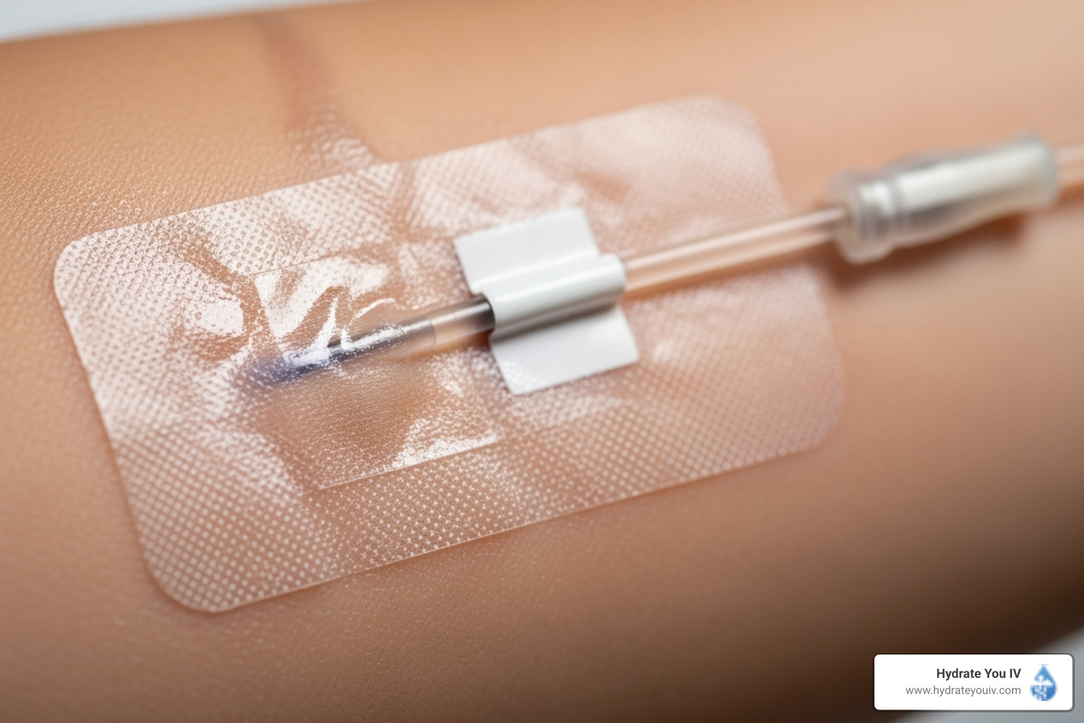 A close-up image of a sanitized IV insertion site on an arm - Hydration therapy at home