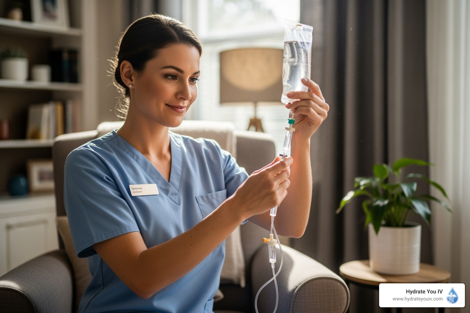A friendly, professional nurse preparing an IV bag in a home setting - Hydration therapy at home