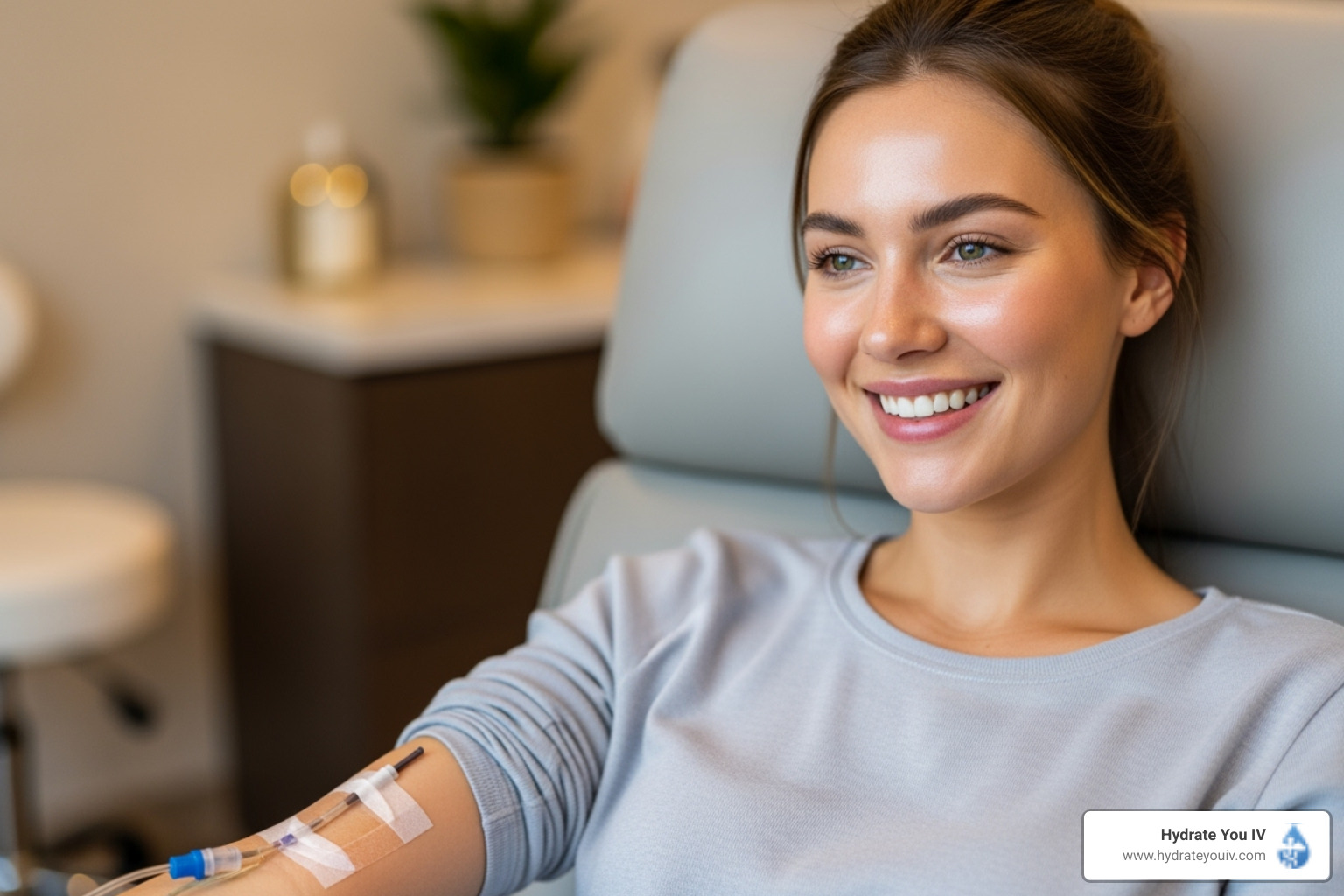 A person looking refreshed and energetic post-treatment, smiling - Hydration therapy at home