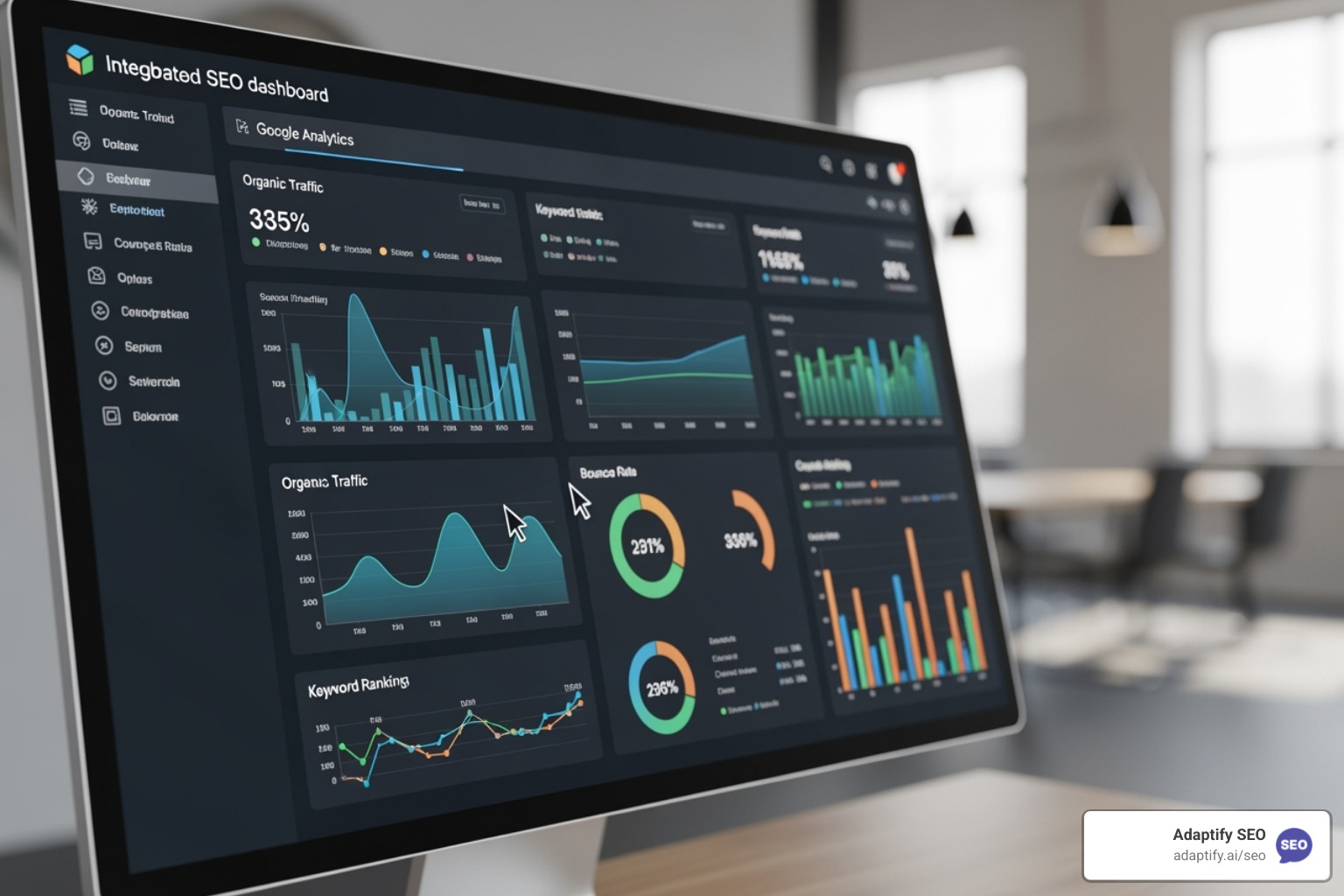 Image of a dashboard layout with different chart types: a scorecard for total organic sessions, a pie chart for device breakdown, and a table for top landing pages - seo dashboard for google analytics