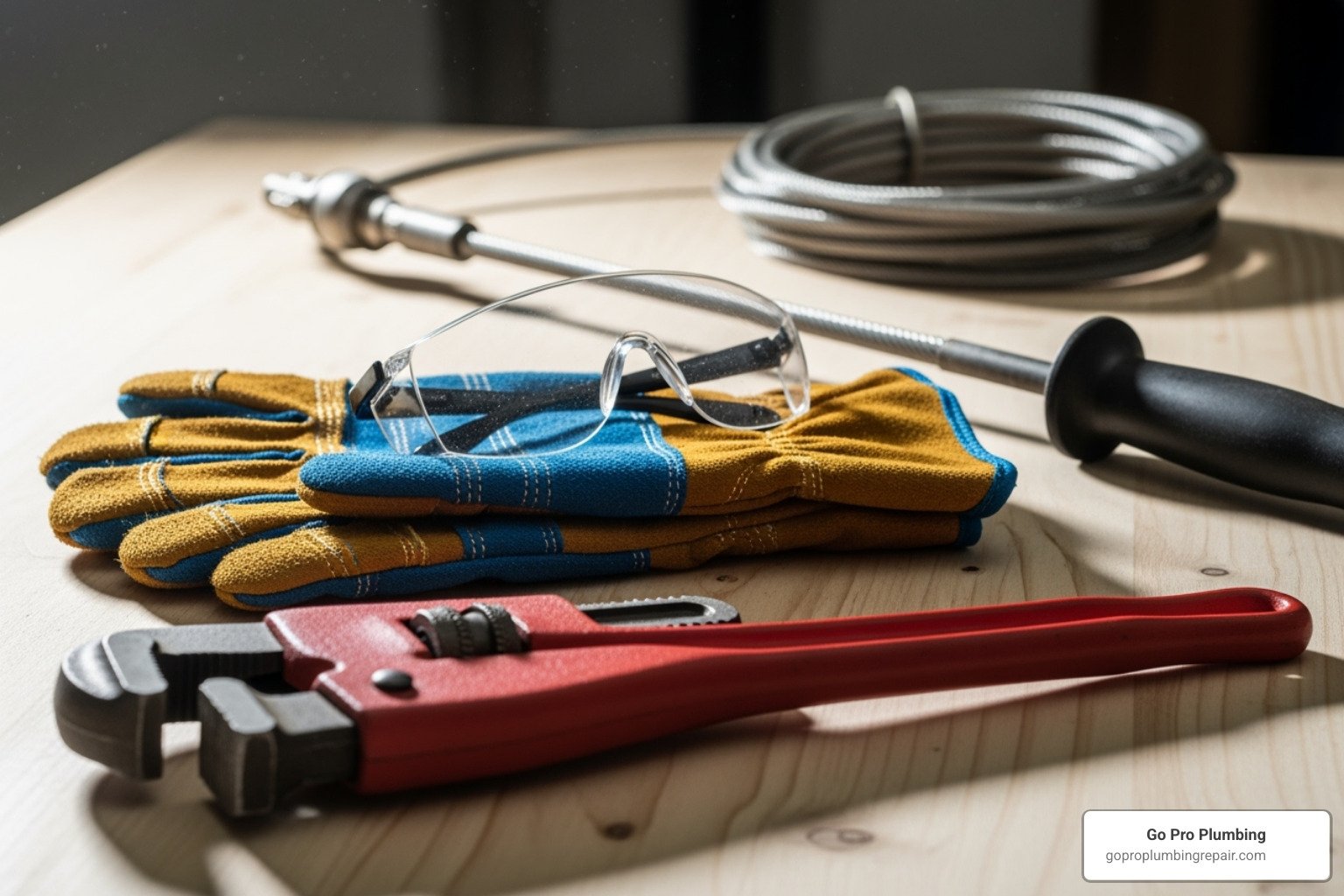 Necessary tools laid out: pipe wrench, heavy-duty gloves, safety glasses, and a plumbing auger - Sewer line blockage removal