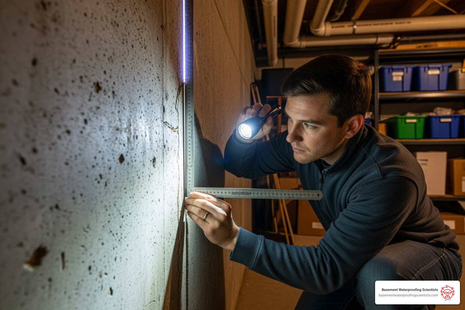 person measuring a foundation crack with a ruler - Basement crack repair NJ