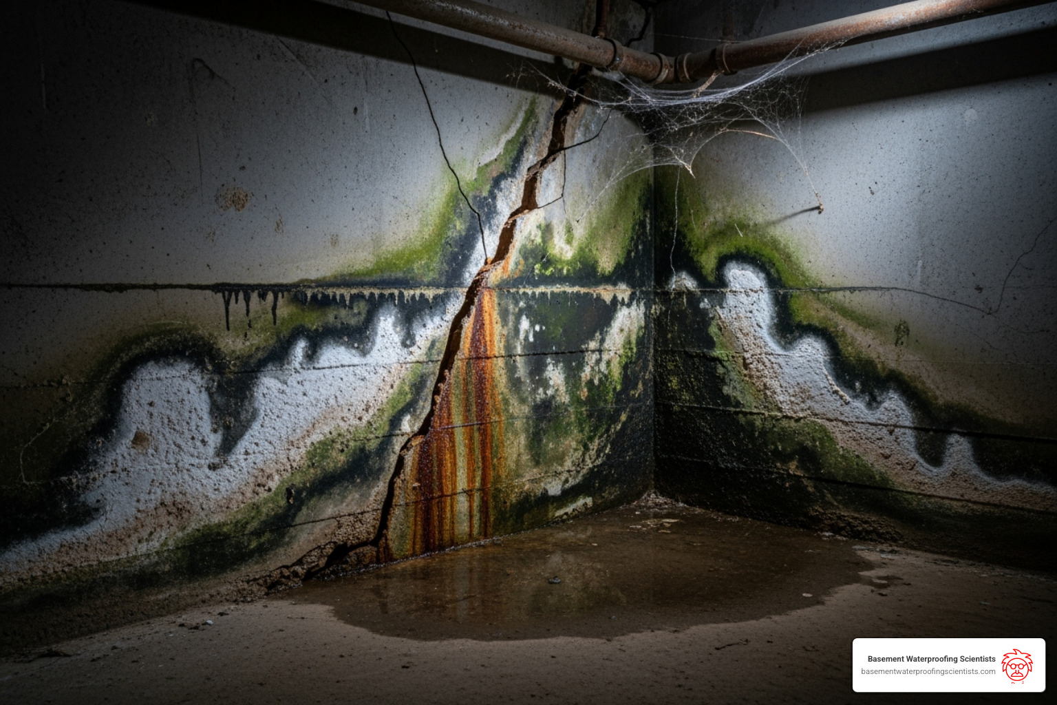 moldy, water-damaged basement corner resulting from an unrepaired crack - Basement crack repair NJ