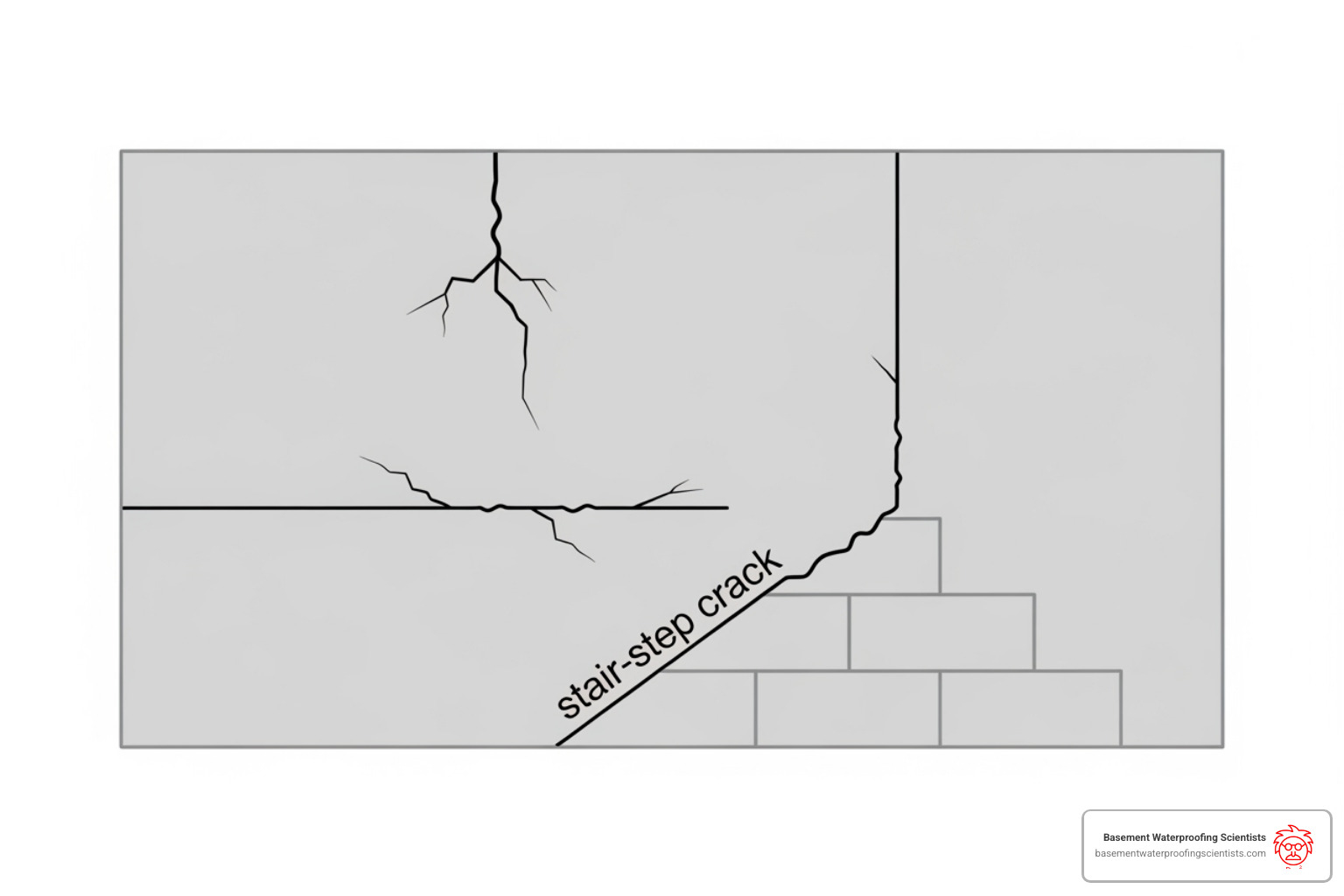 diagram showing vertical, horizontal, and stair-step cracks on a foundation wall - Basement crack repair NJ