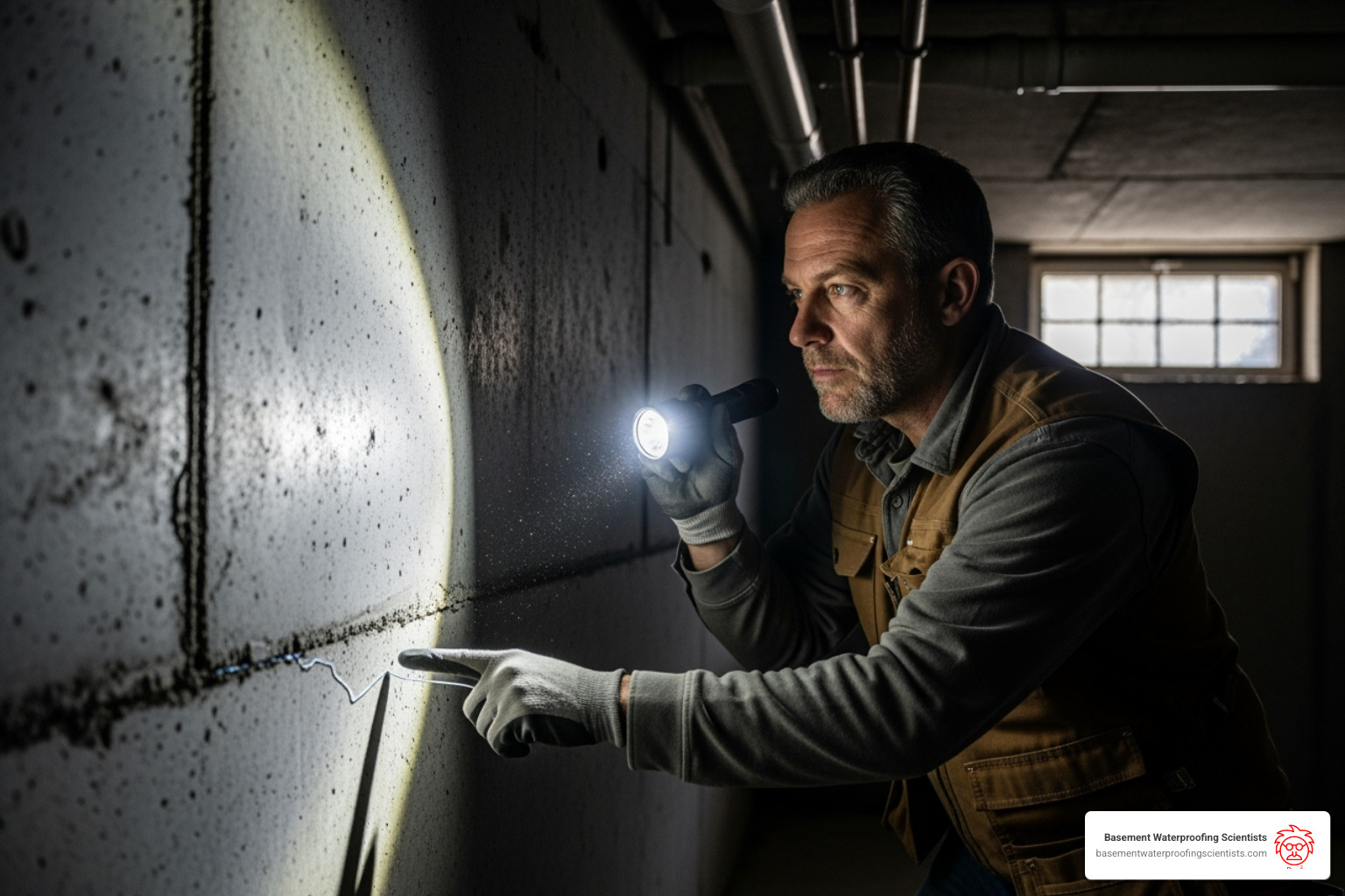 professional contractor inspecting a basement foundation - Basement crack repair NJ