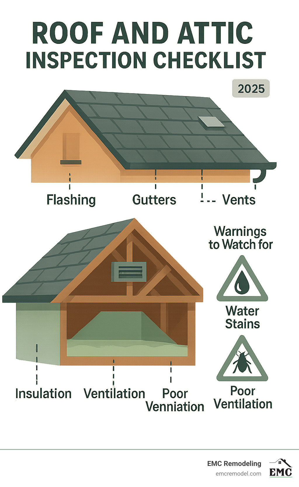 Comprehensive roof and attic inspection checklist showing exterior roof components (shingles, flashing, gutters, vents) connected to interior attic elements (insulation, ventilation, structural components) with warning signs to watch for including water stains, pest damage, and poor ventilation indicators - roof and attic inspection infographic 