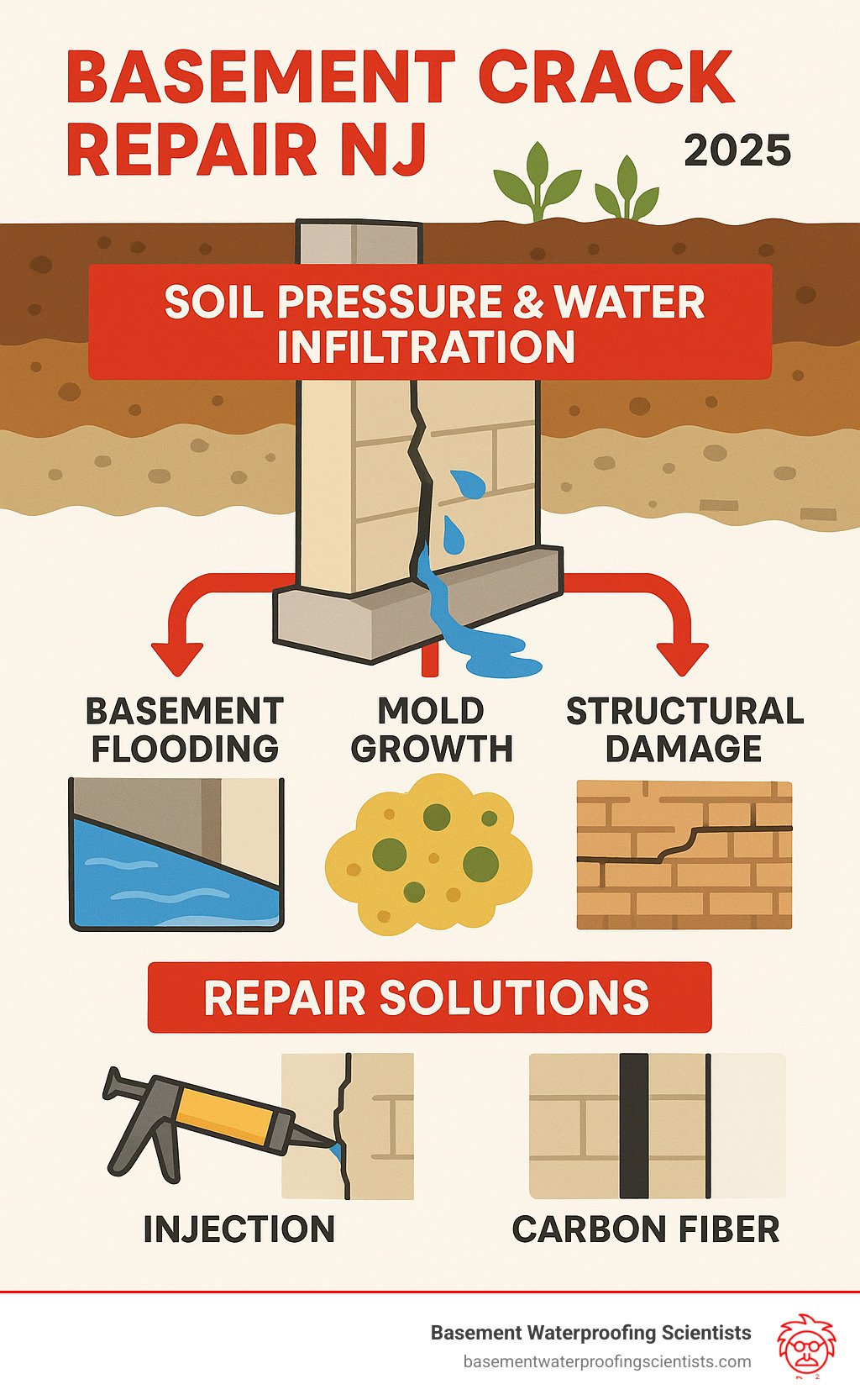 Infographic showing the progression from soil pressure and water infiltration through foundation cracks to basement flooding, mold growth, and structural damage, with repair solutions including injection methods and carbon fiber reinforcement - Basement crack repair NJ infographic 