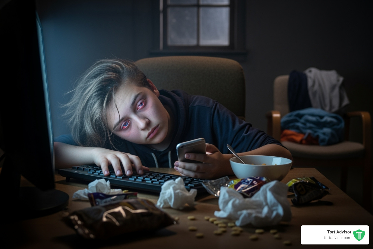 A young person slumped in a chair, eyes glued to a screen, with signs of fatigue and social withdrawal - minecraft class action lawsuit