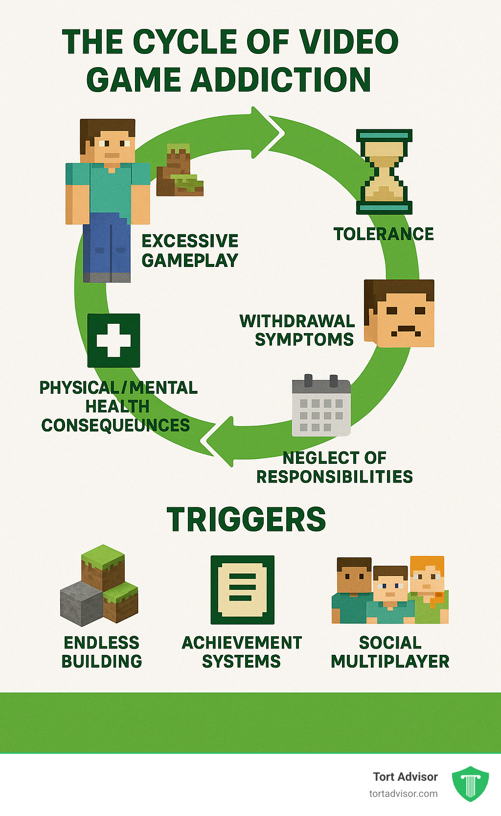Infographic showing the cycle of video game addiction: excessive gameplay leading to dopamine release, tolerance building, increased play time, withdrawal symptoms when not playing, neglect of responsibilities, and physical/mental health consequences, with Minecraft-specific design elements like endless building, achievement systems, and social multiplayer features highlighted as addiction triggers - minecraft class action lawsuit infographic 