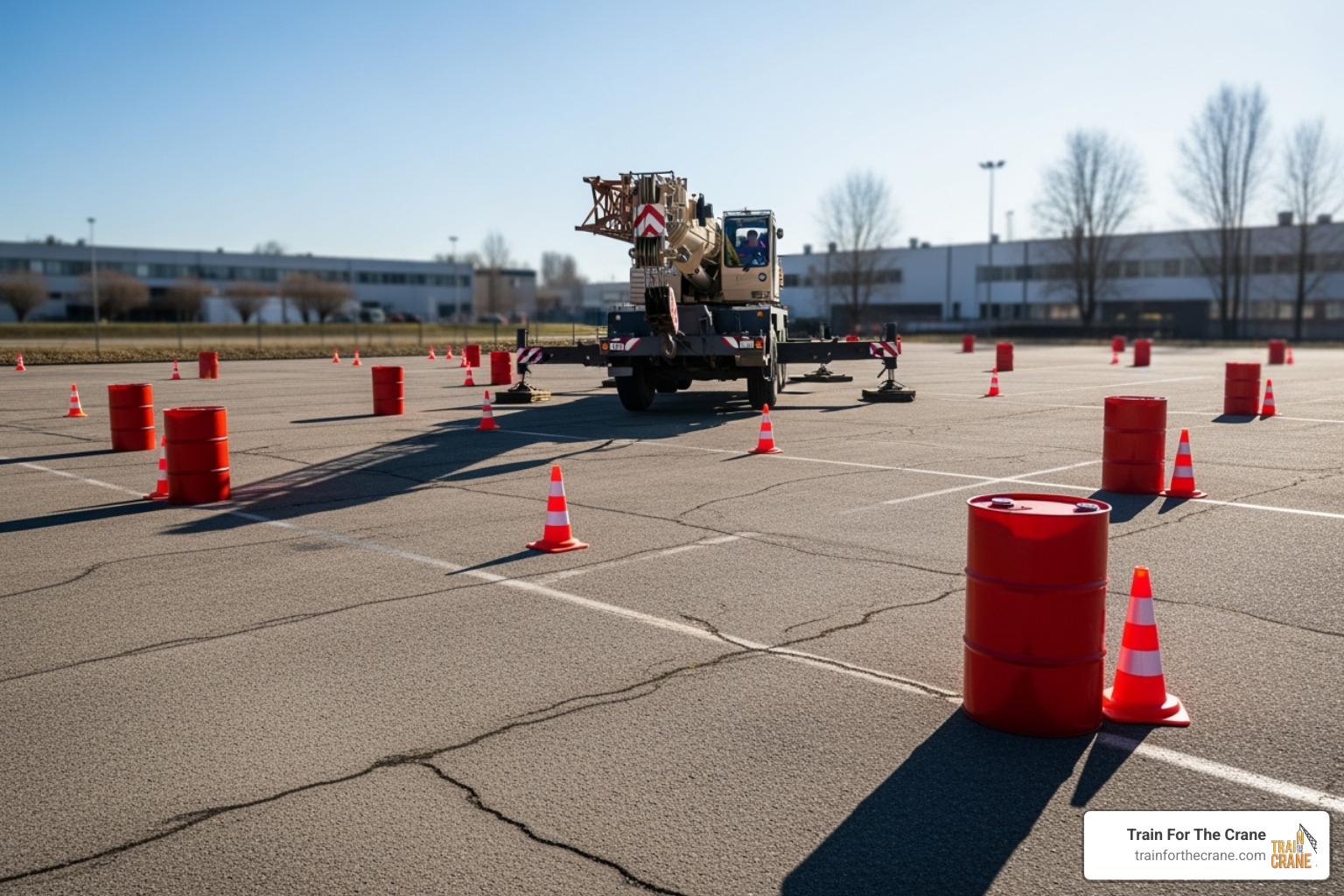 Image of a practical exam course with cones and barrels. - NCCCO crane certification Image of a practical exam course with cones and barrels. - NCCCO crane certification