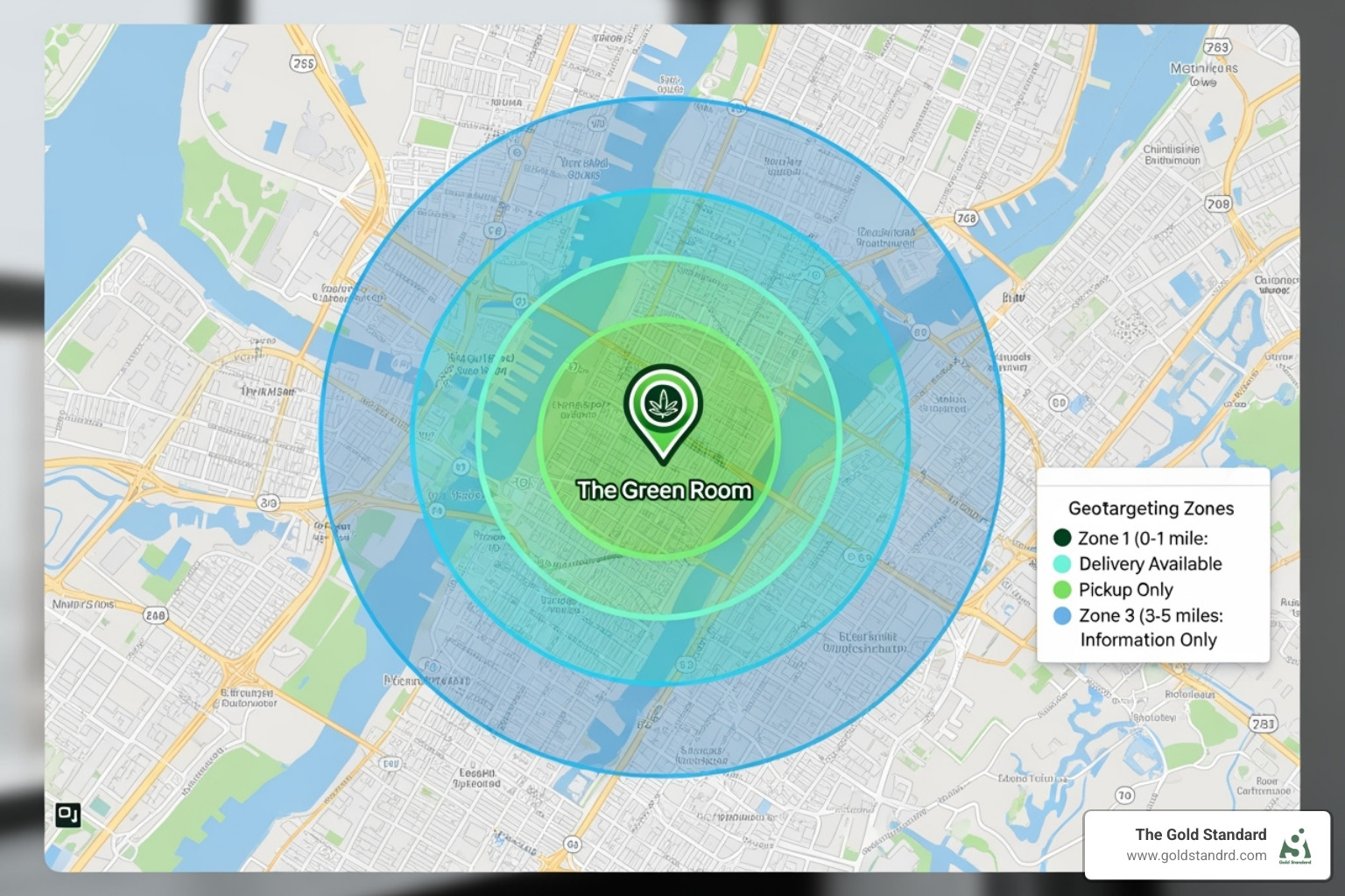 map interface showing geotargeting radiuses around a dispensary location in New York - mediajel