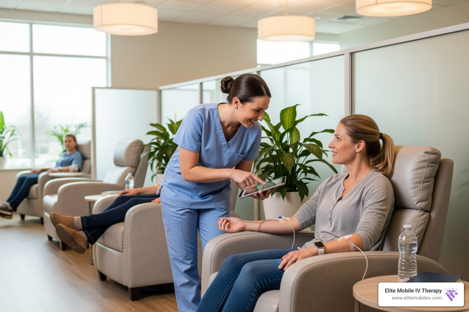 Friendly, uniformed nurse consulting with a patient in a comfortable setting before an IV session - iv clinics