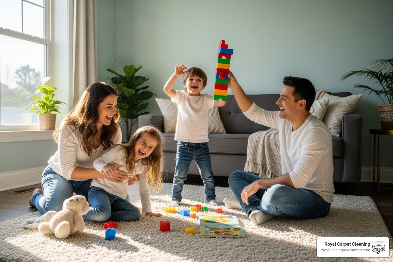 family playing on clean rug - area rug cleaning service near me
