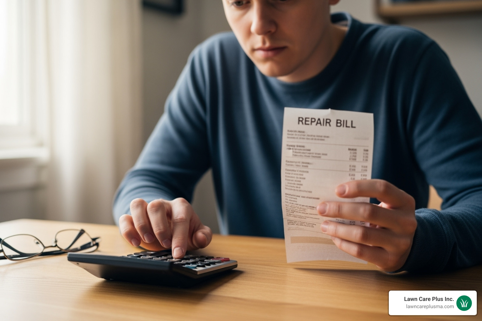 A person looking at a repair bill with a calculator - lawn mower services near me