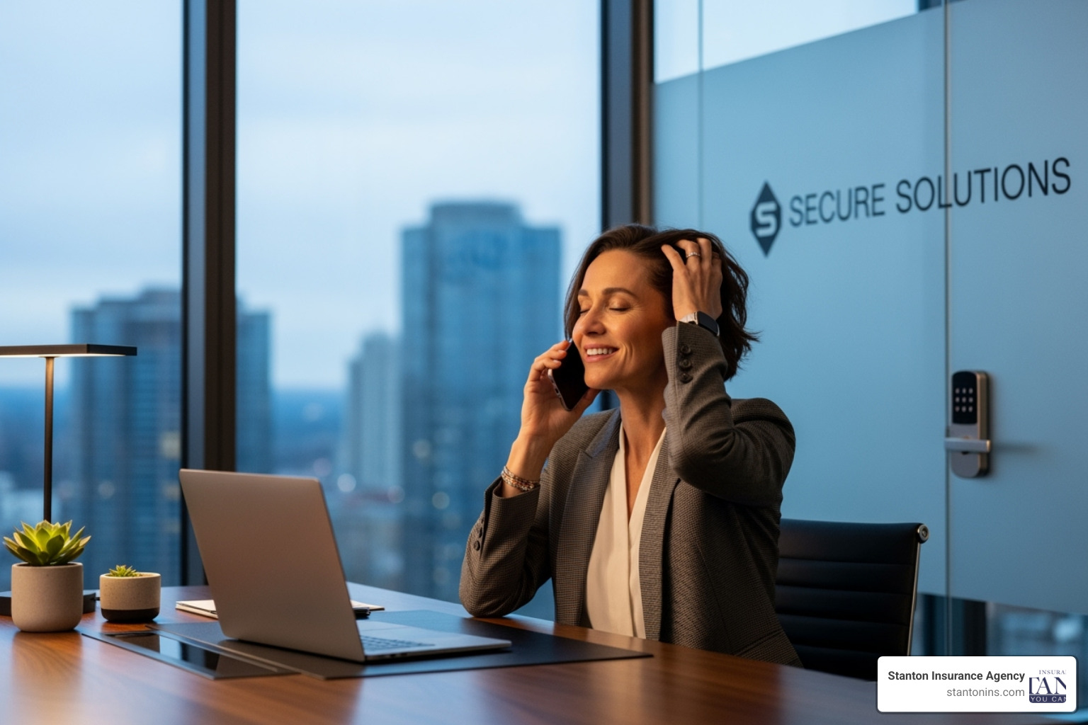 A business owner looking relieved while on the phone, with a restored and secure office in the background. - ransomware insurance