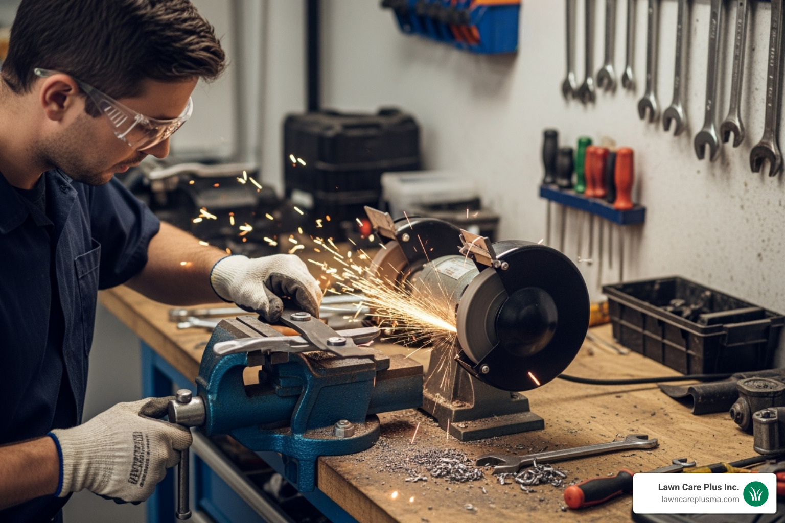 A technician sharpening a lawn mower blade - lawn mower services near me