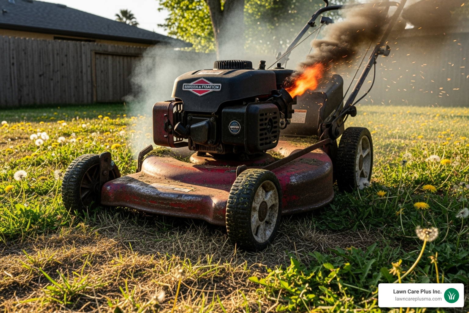 A sputtering lawn mower on a patchy lawn - lawn mower services near me